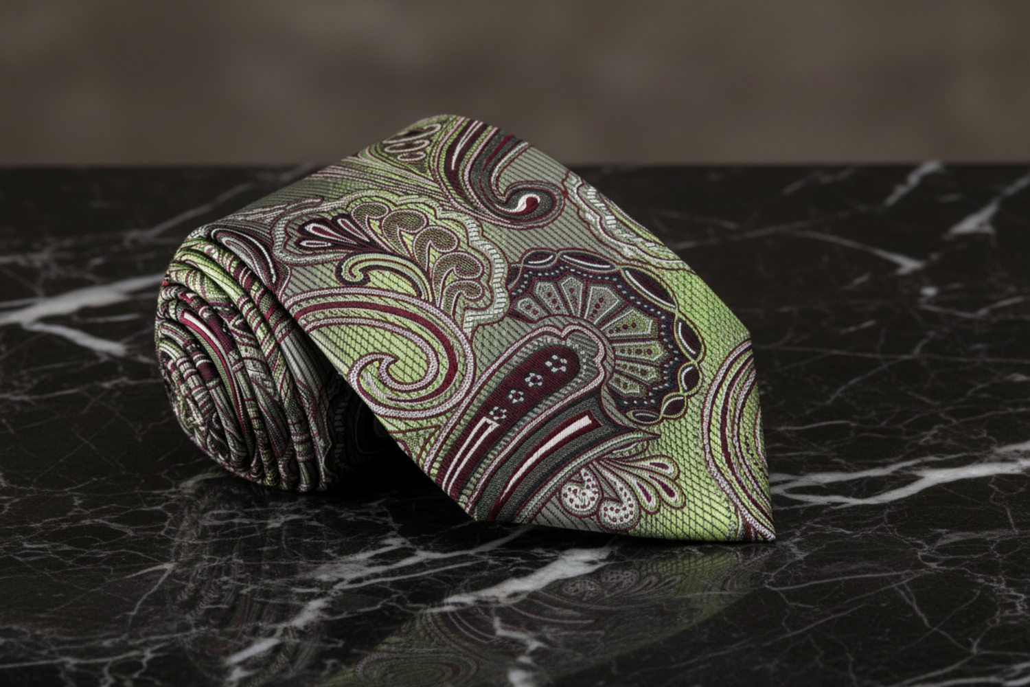 A Green, Burgundy Paisley Pattern Necktie
