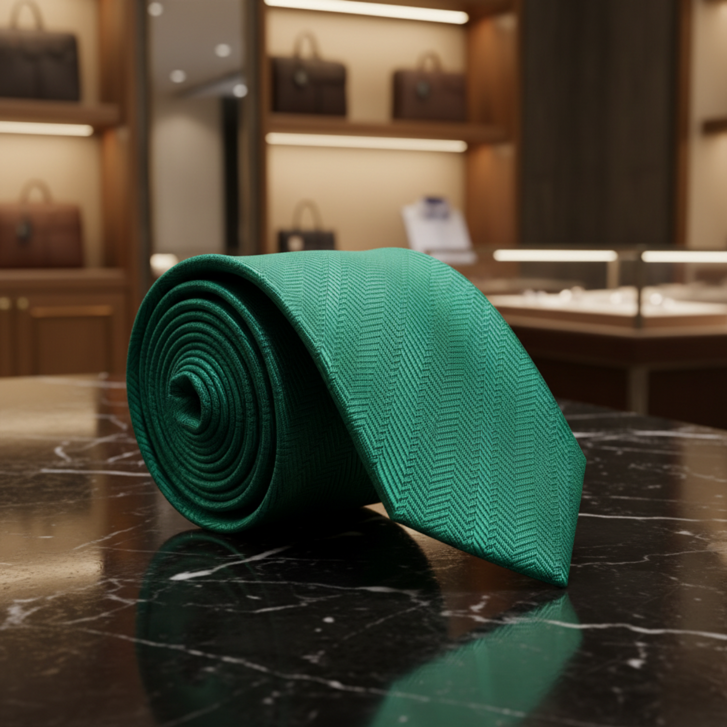 Green textured tie on a white background