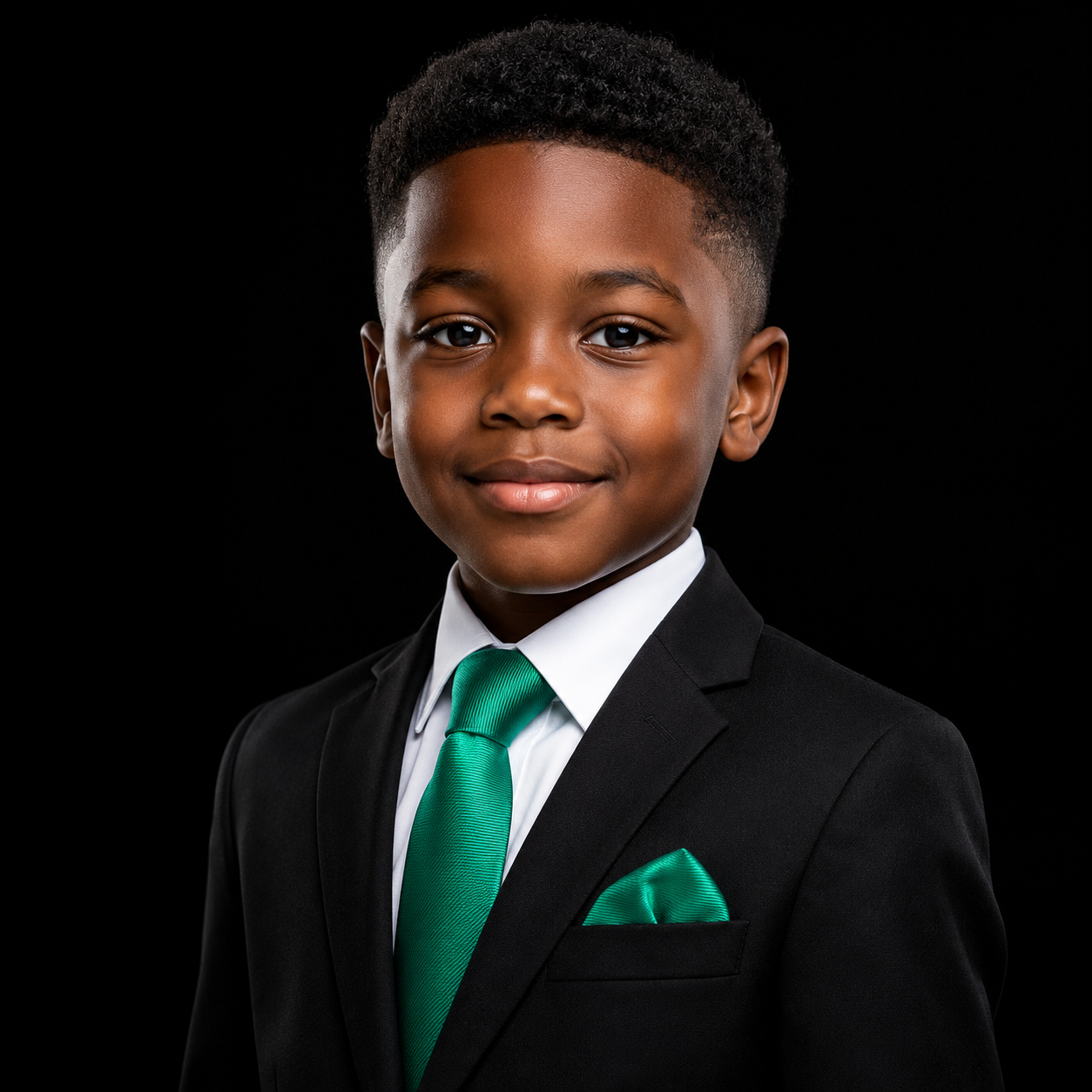 Young boy in a black suit with a green tie and pocket square on a black background
