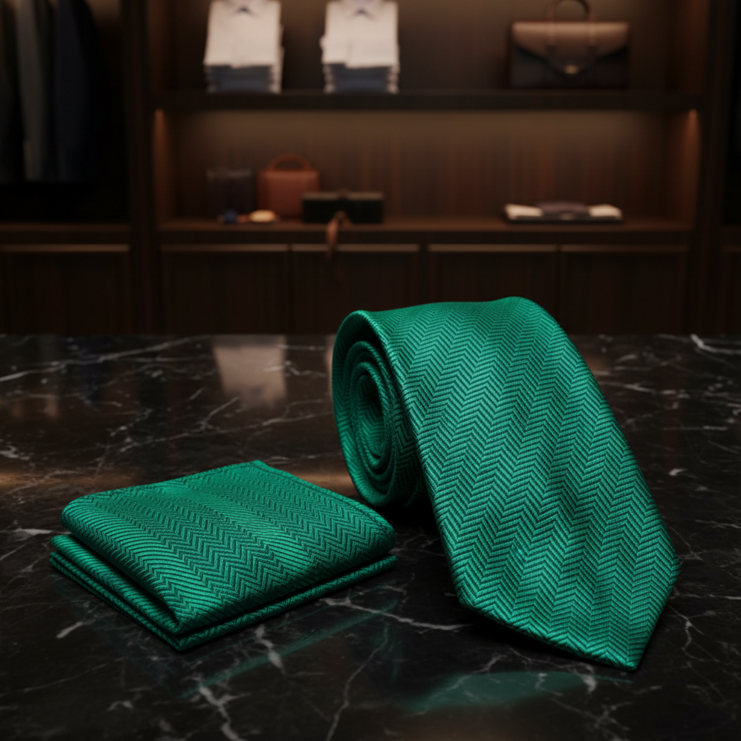 Green herringbone tie and pocket square set on a white background