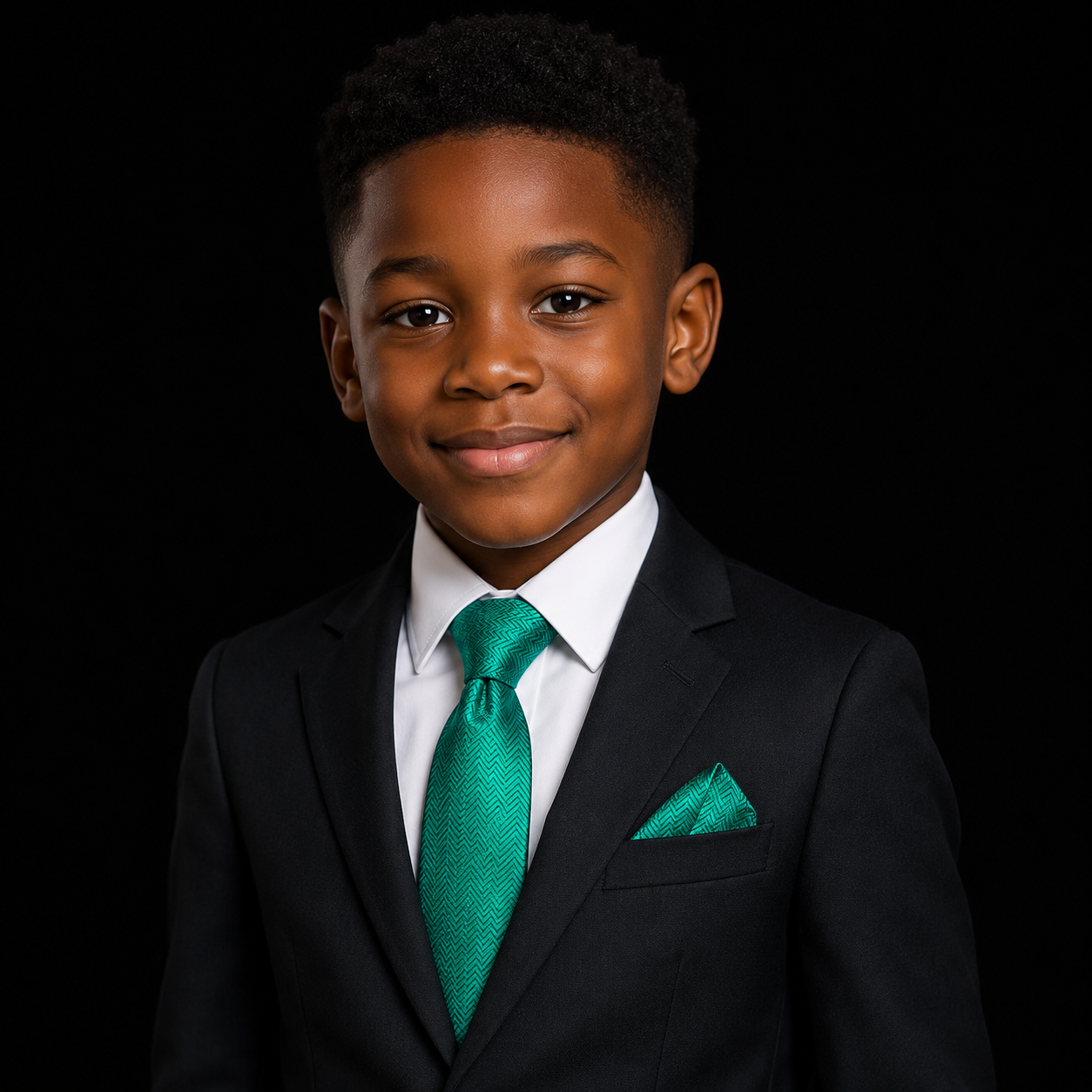 Young boy in a black suit with a green tie on a black background
