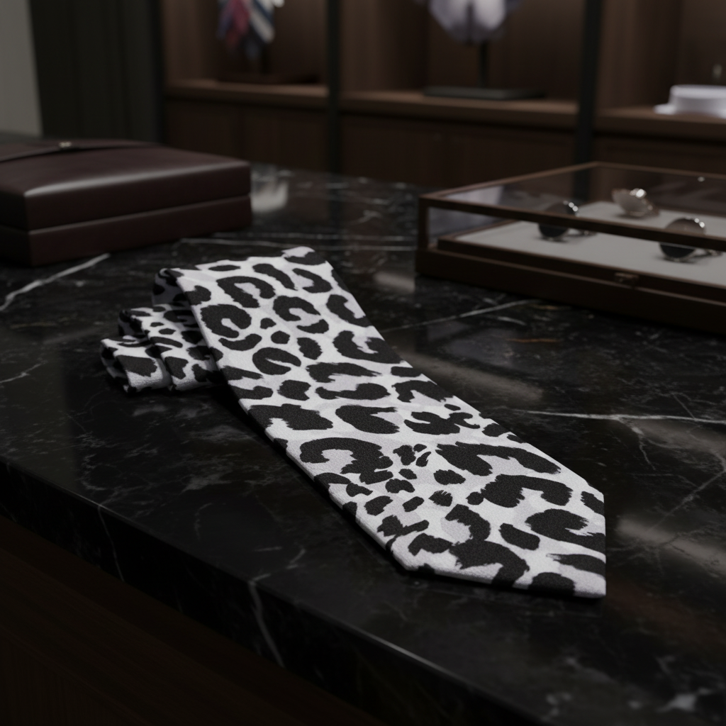 A necktie with a black leopard print pattern on a white background, 