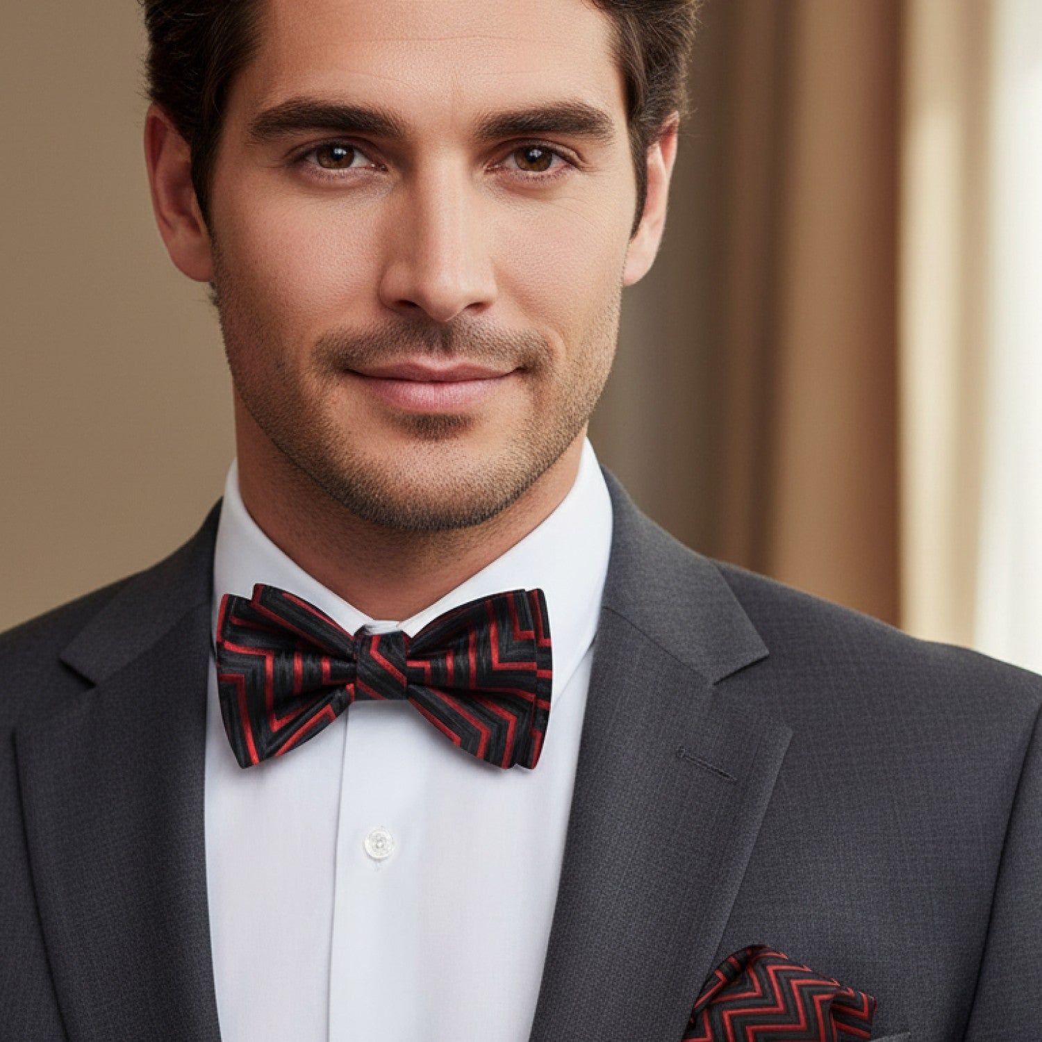 Man wearing a gray suit with a red and black bow tie and pocket square.