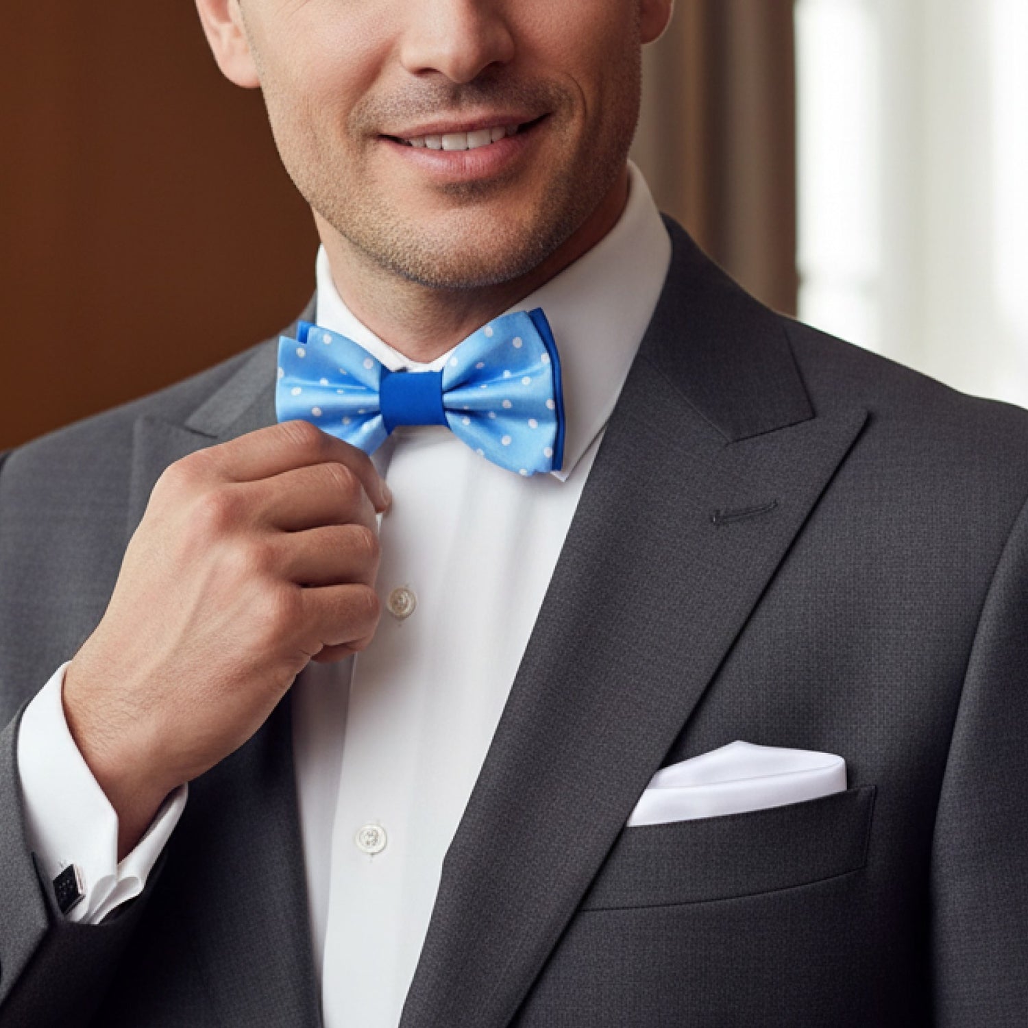 Man adjusting a blue bow tie in a gray suit with a white shirt.