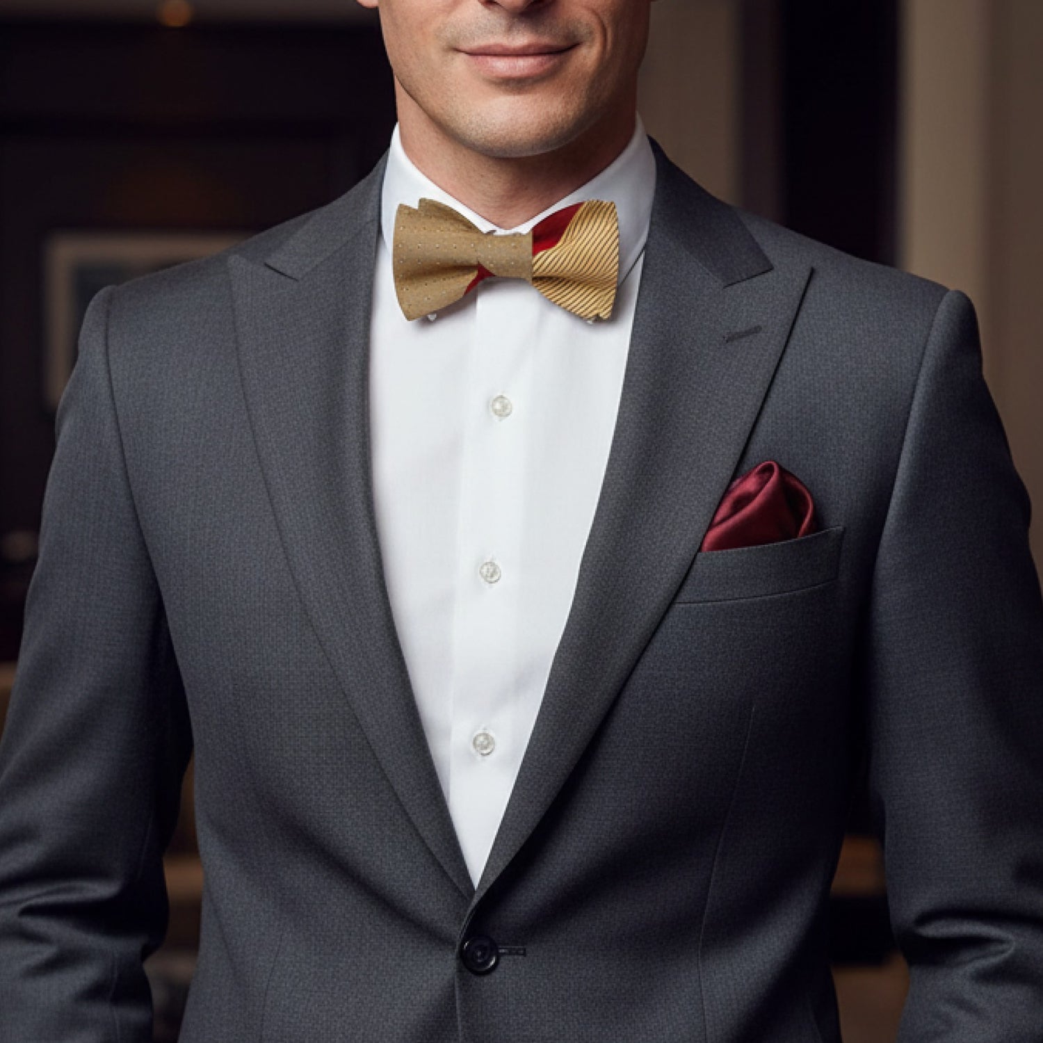 Man wearing a gray suit with a gold bow tie and red pocket square.