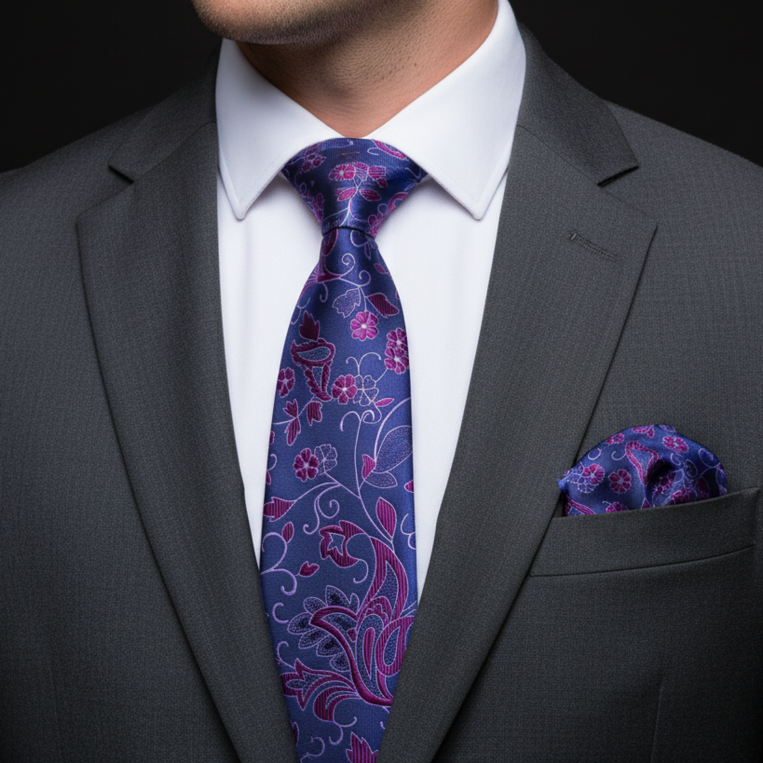 Man wearing a gray suit with a blue floral tie and pocket square.