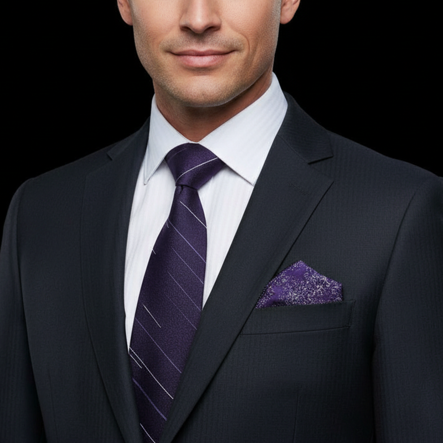 Man wearing a dark suit with a purple tie and pocket square on a black background