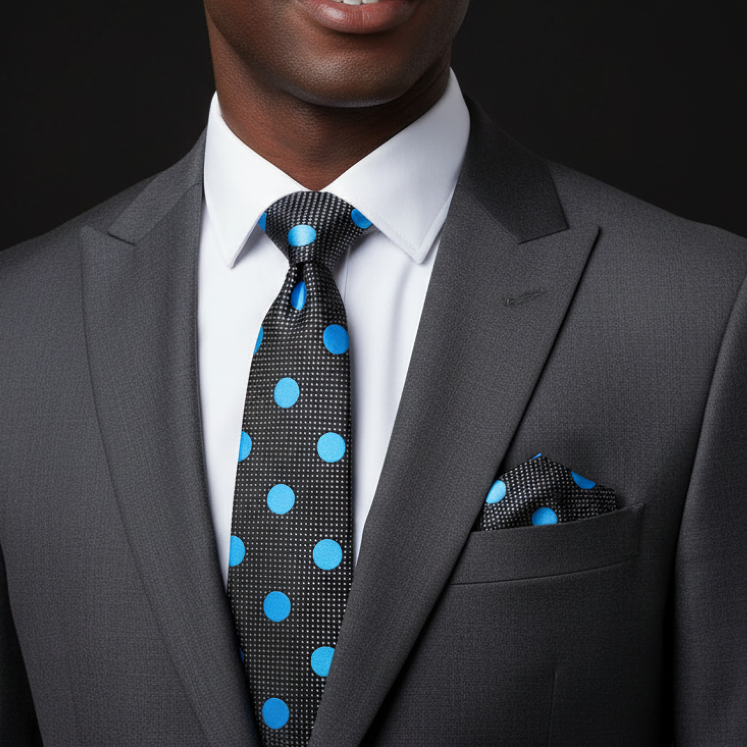 Man wearing a gray suit with a blue polka dot tie and pocket square against a black background