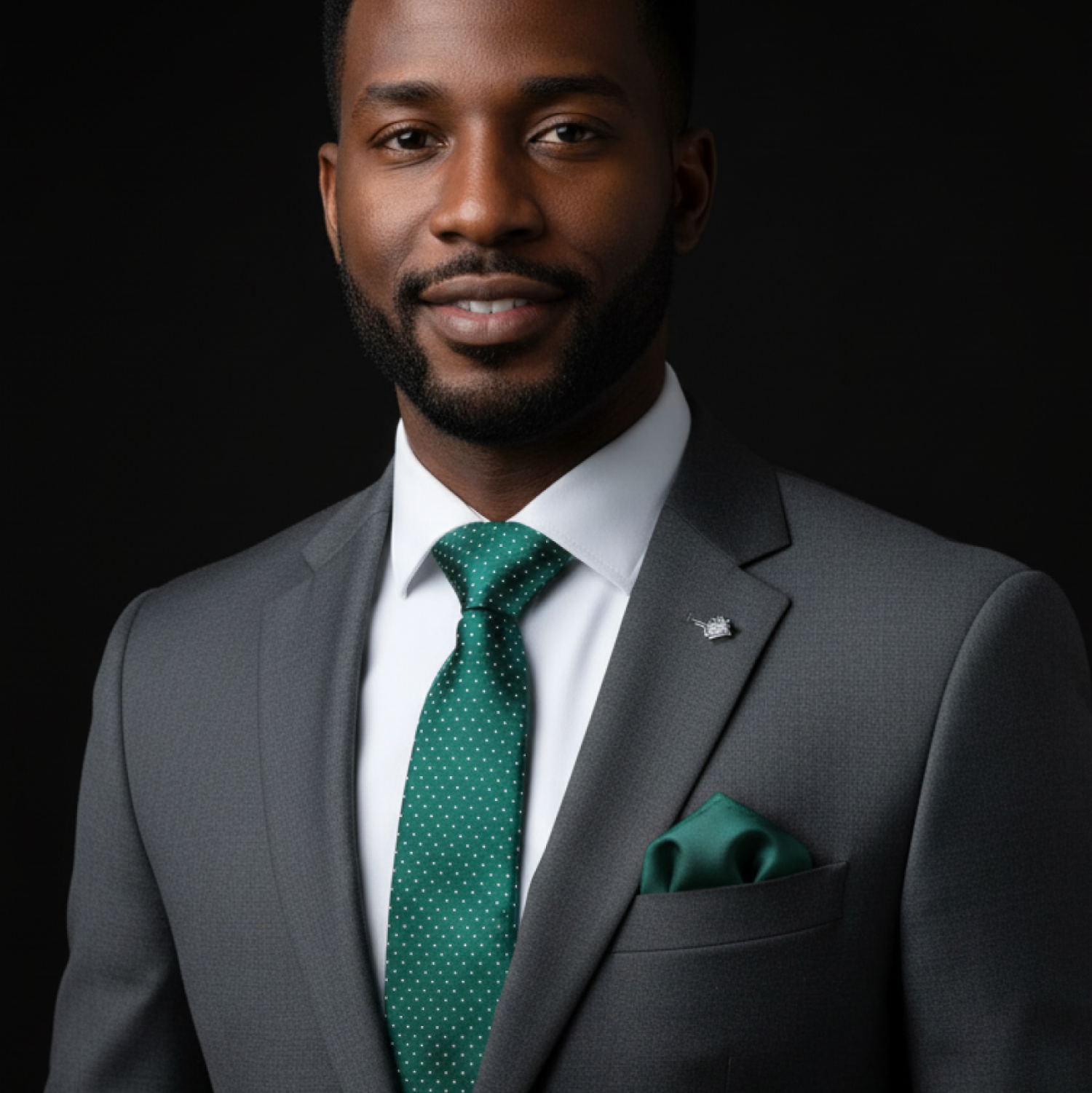 Man wearing a gray suit with a green tie and green pocket square on a black background