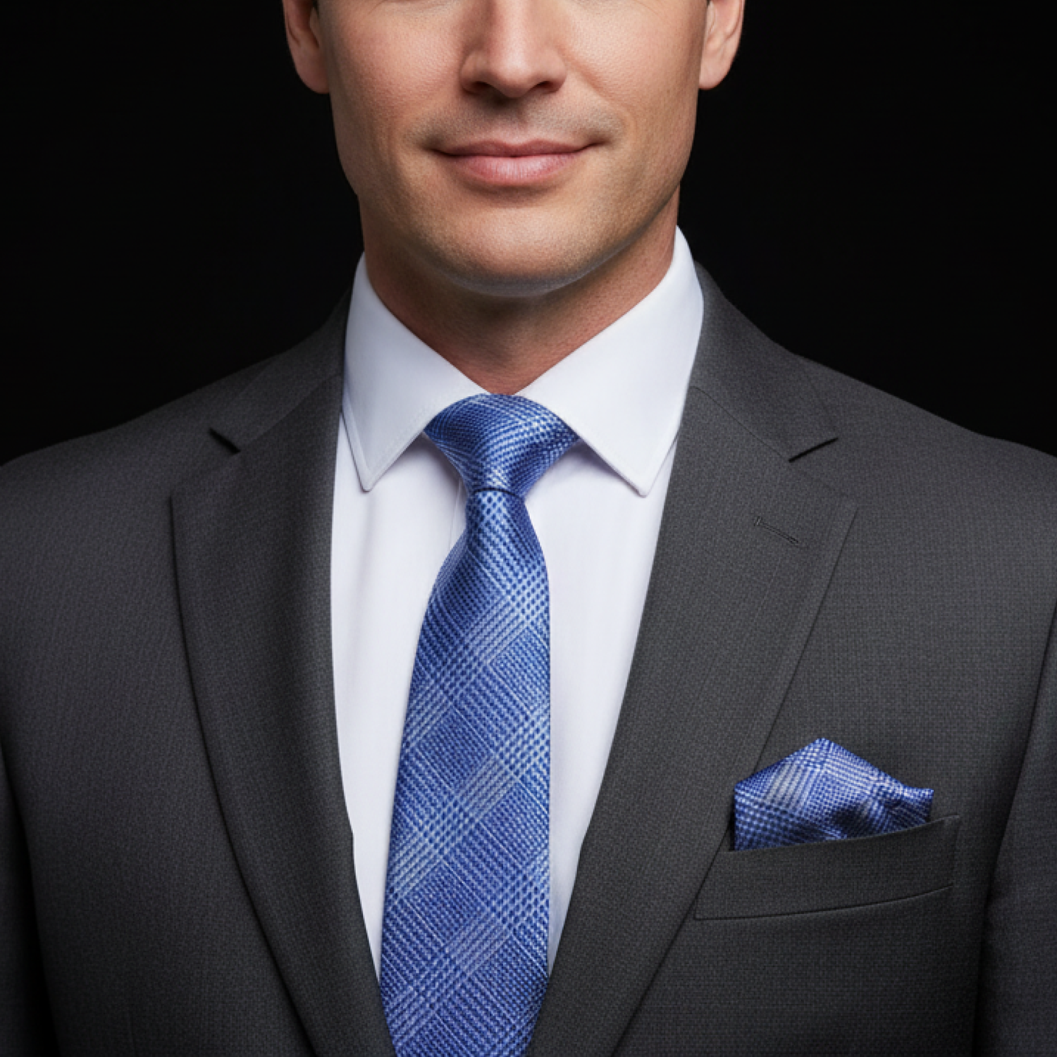 Man wearing a gray suit with a blue tie and pocket square on a black background