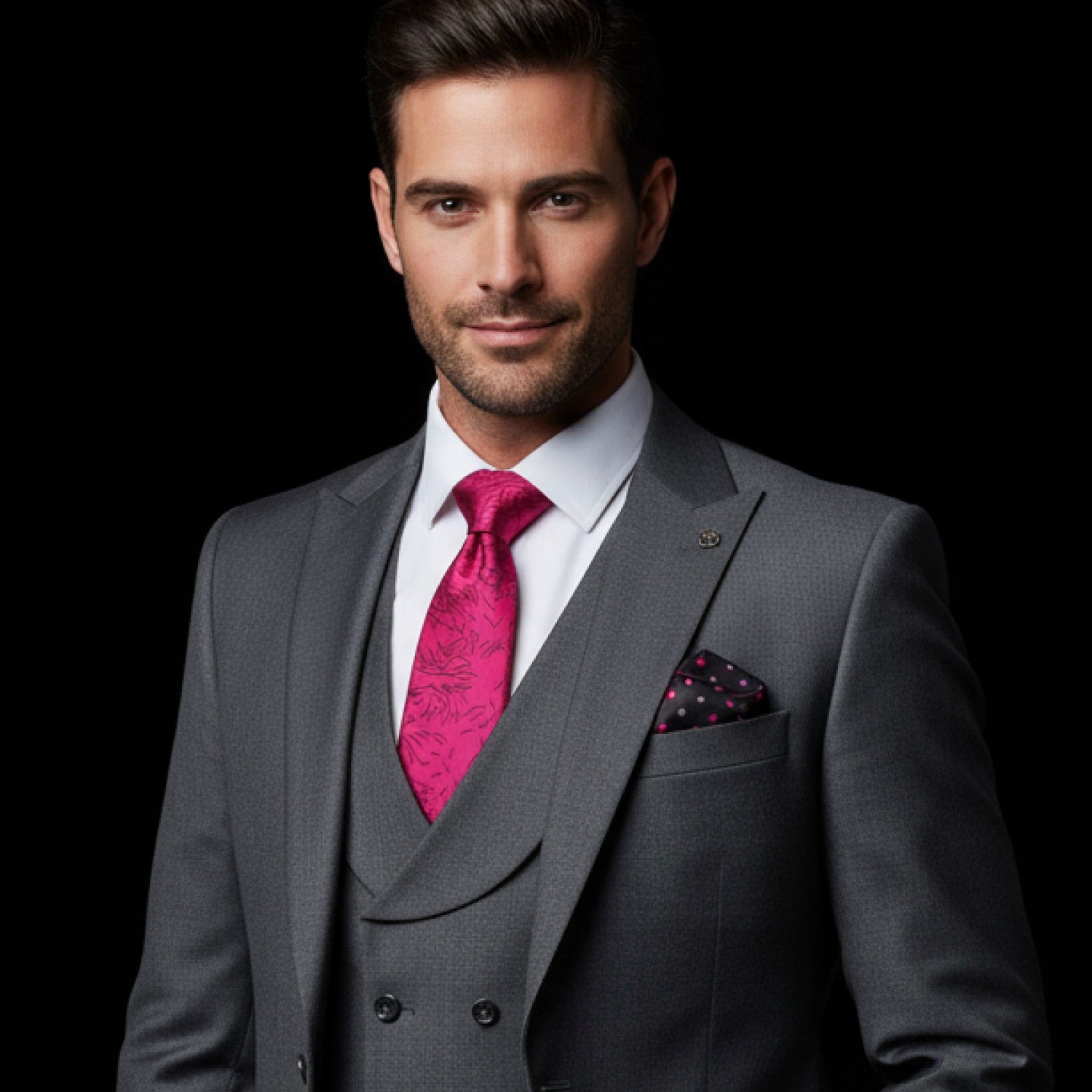 Man wearing a gray suit with a pink tie and pocket square on a black background
