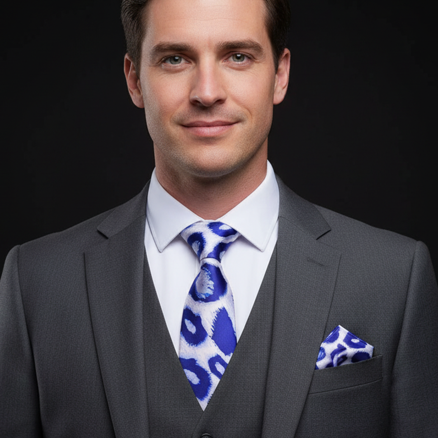 Man wearing a gray suit with a blue and white patterned tie and pocket square against a black background