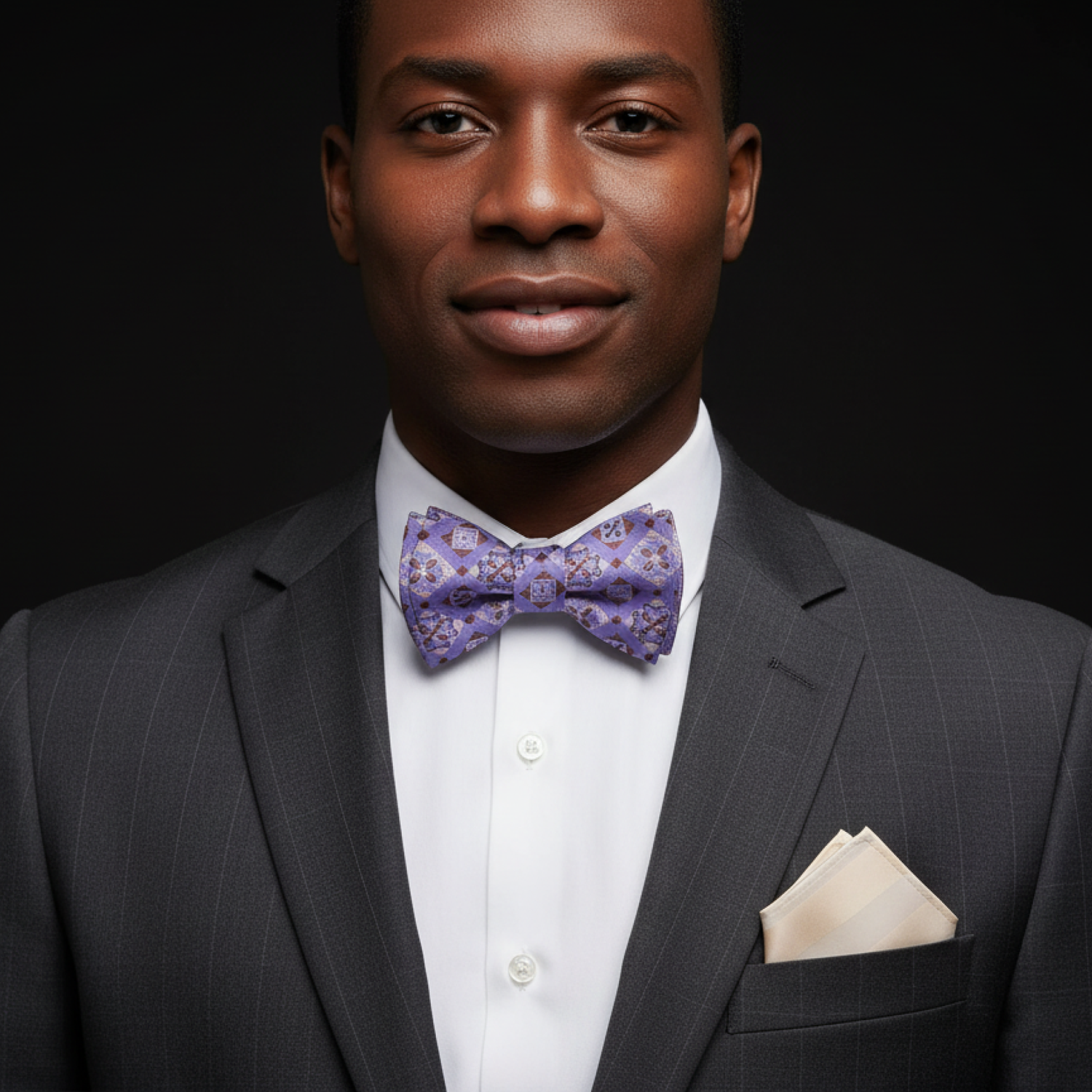 Light Purple, Cream & Brown Geometric Bow Tie