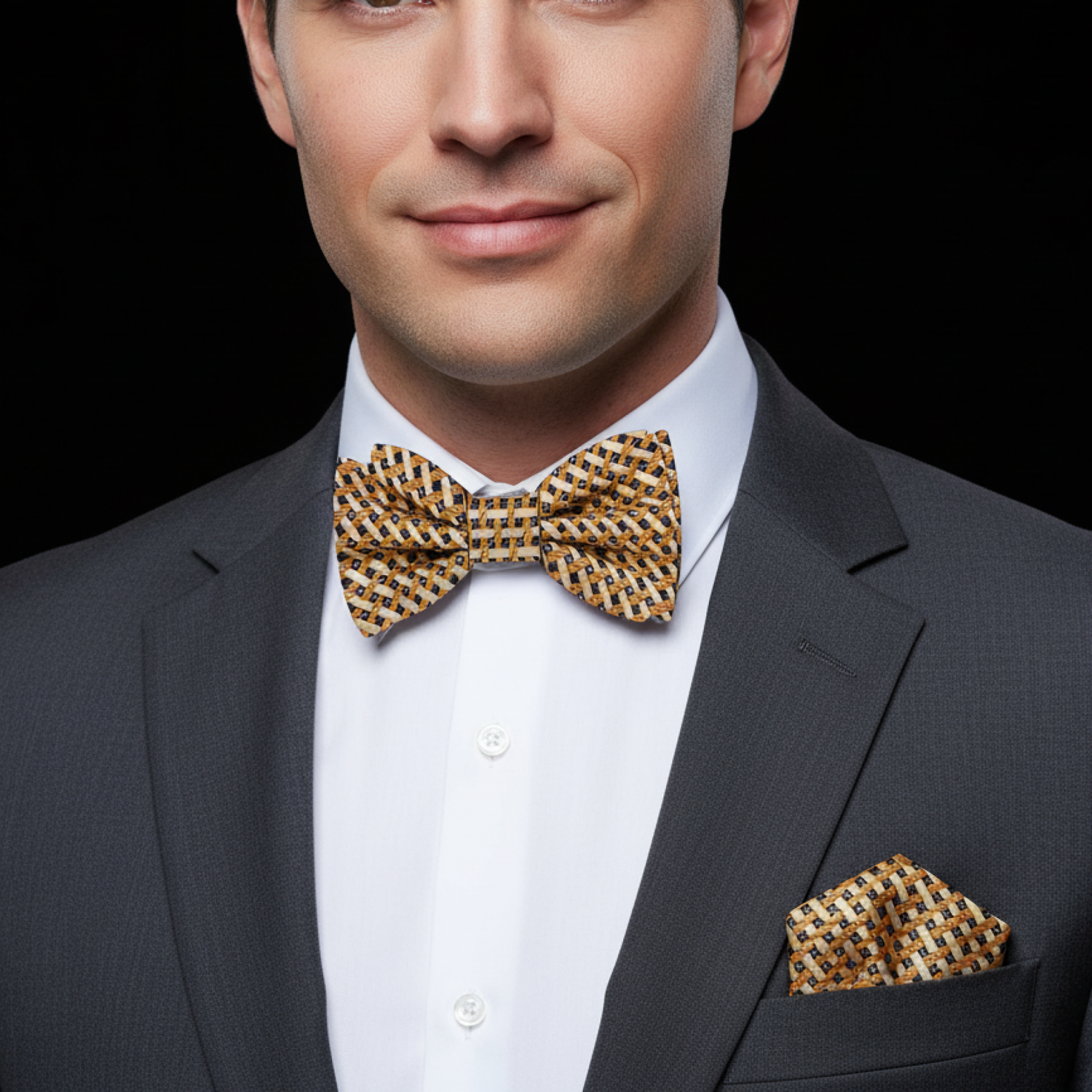 Man wearing a gray suit with a gold bow tie and pocket square on a black background