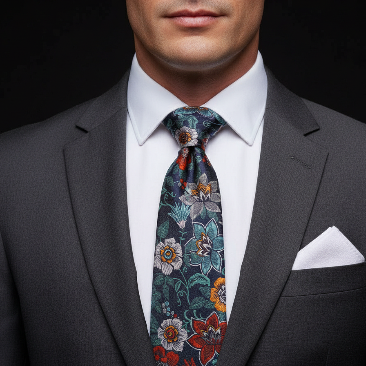 Man wearing a dark gray suit with a colorful floral tie and white pocket square on a black background