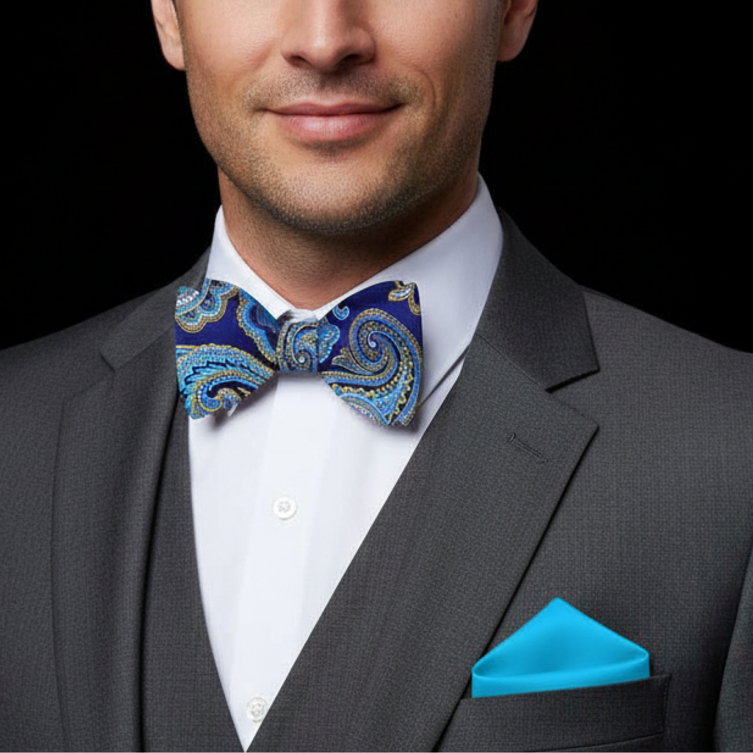 Man wearing a gray suit with a blue patterned bow tie and blue handkerchief on a black background