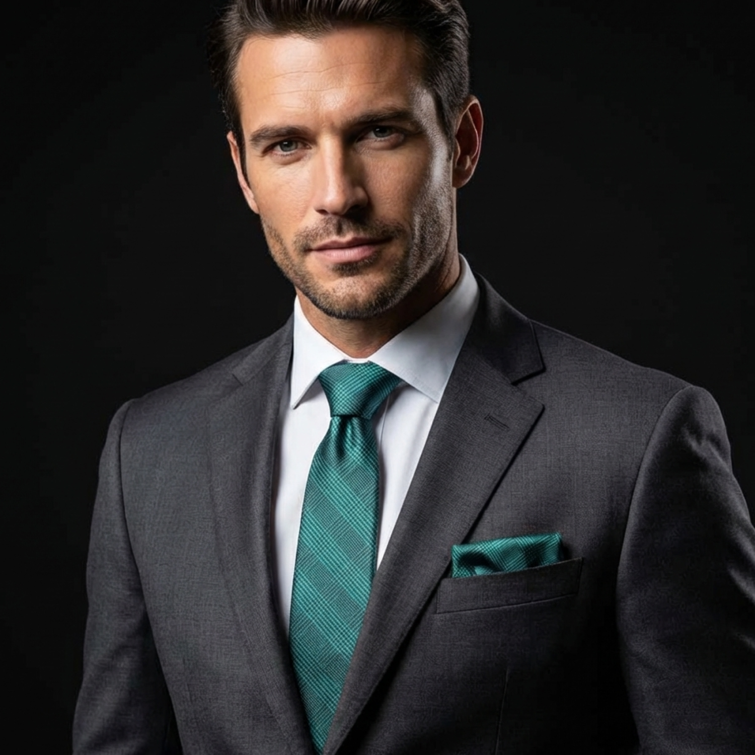 Man wearing a gray suit with a green tie and pocket square on a black background