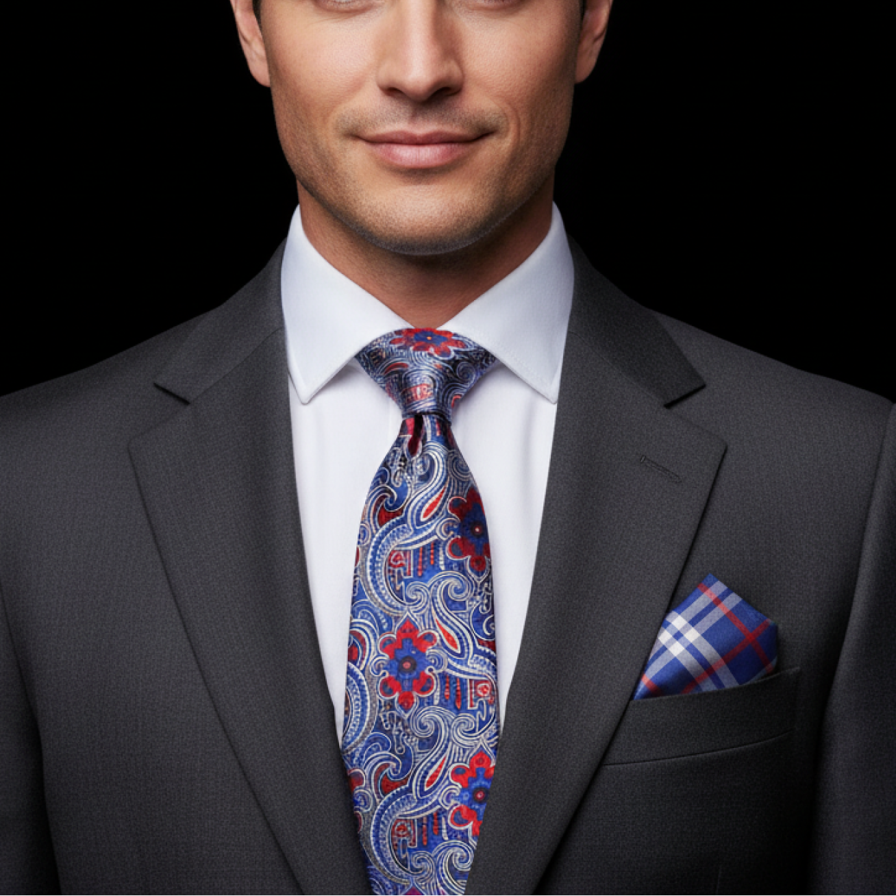 Man wearing a gray suit with a colorful tie and pocket square on a black background