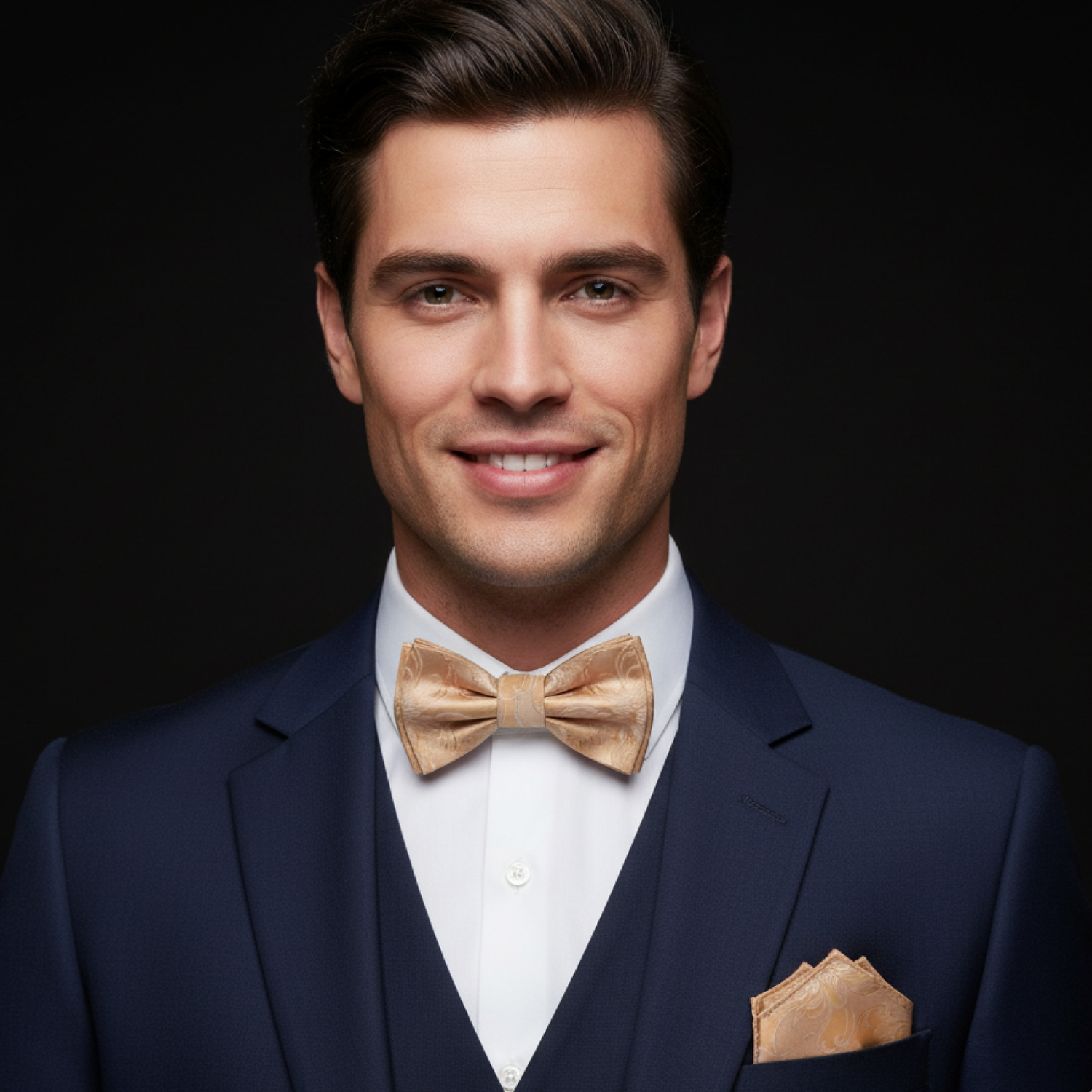 Man wearing a navy suit with a beige bow tie and pocket square on a black background