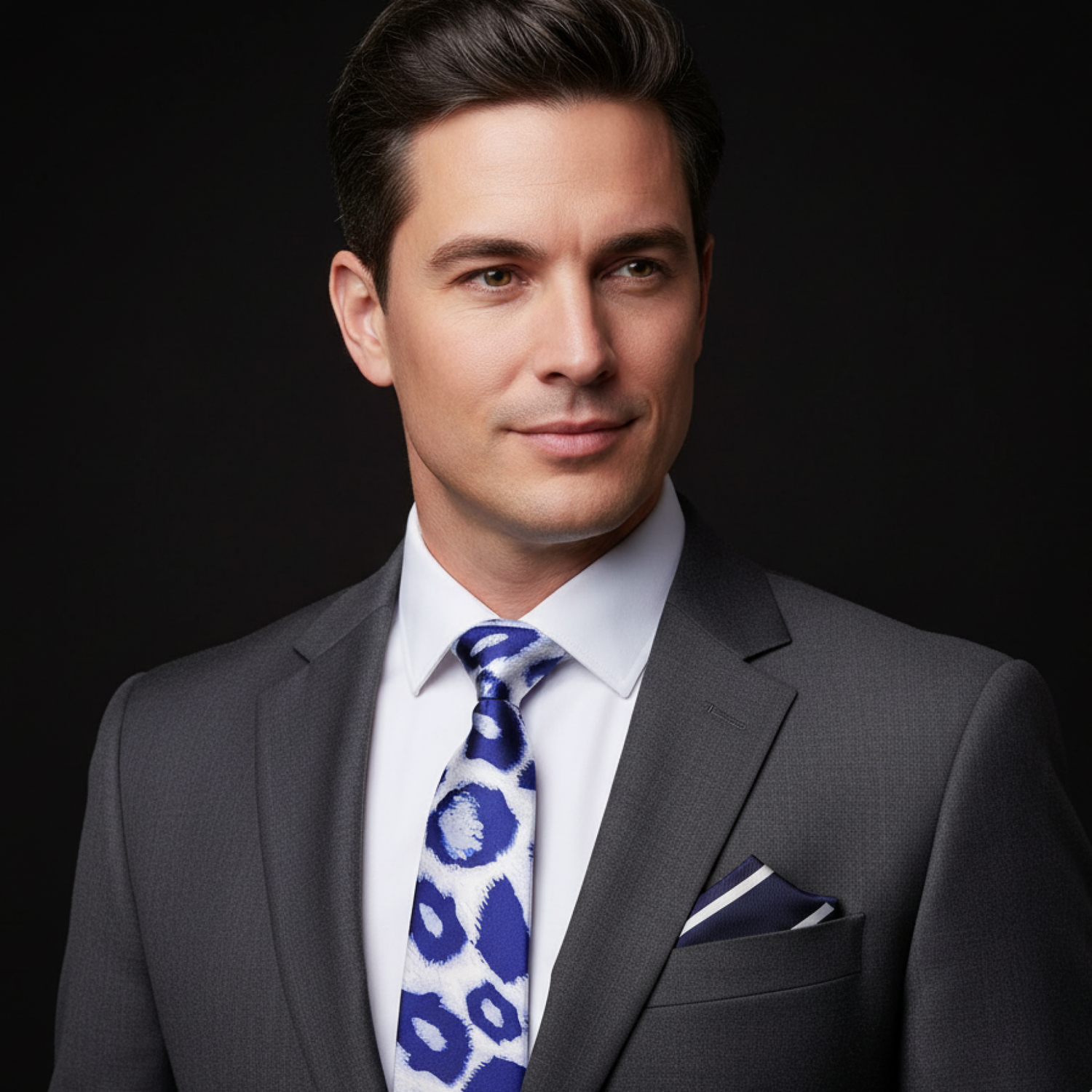 Man wearing a gray suit with a blue patterned tie against a black background