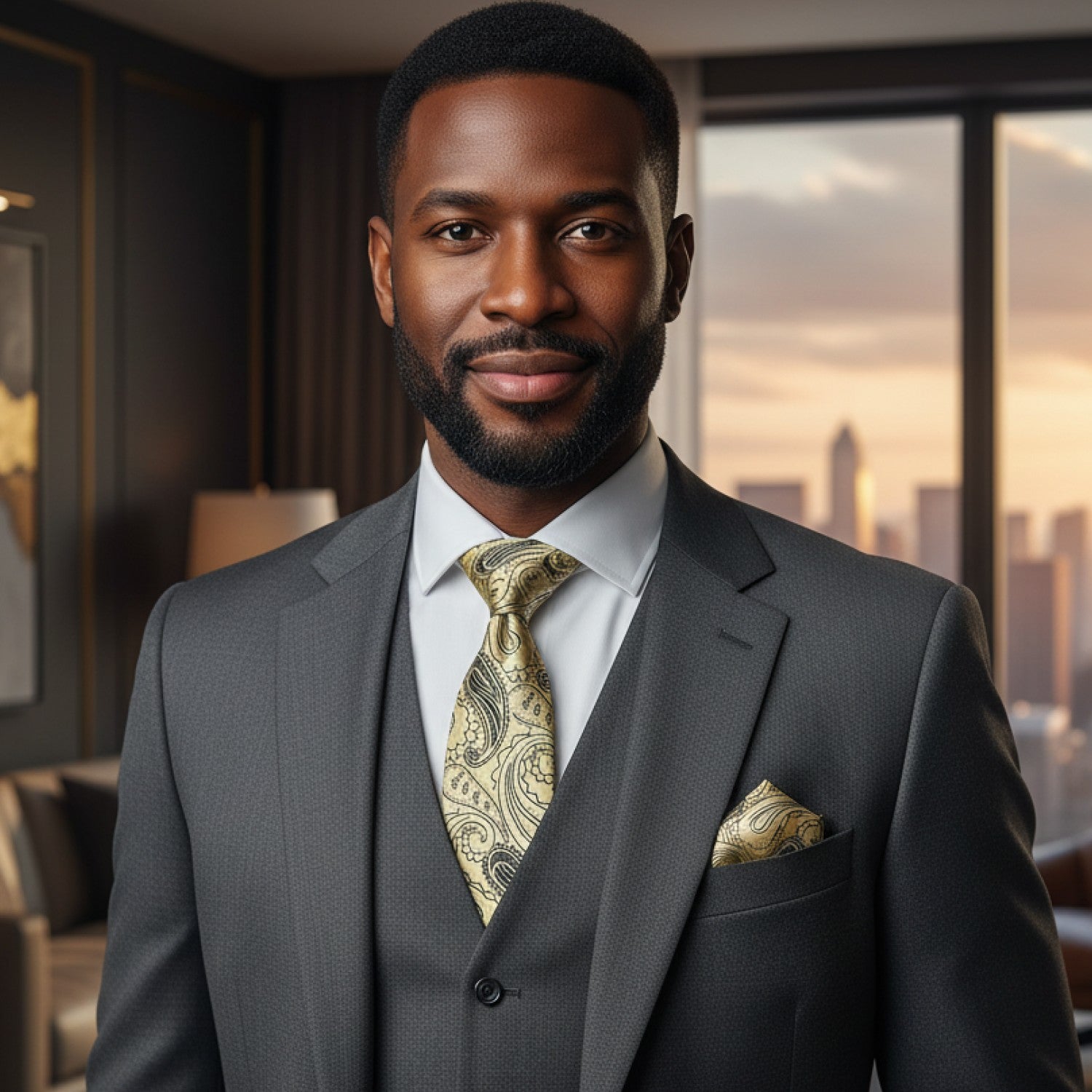 Man in a gray suit with a patterned tie standing in a room with large windows showing a cityscape.
