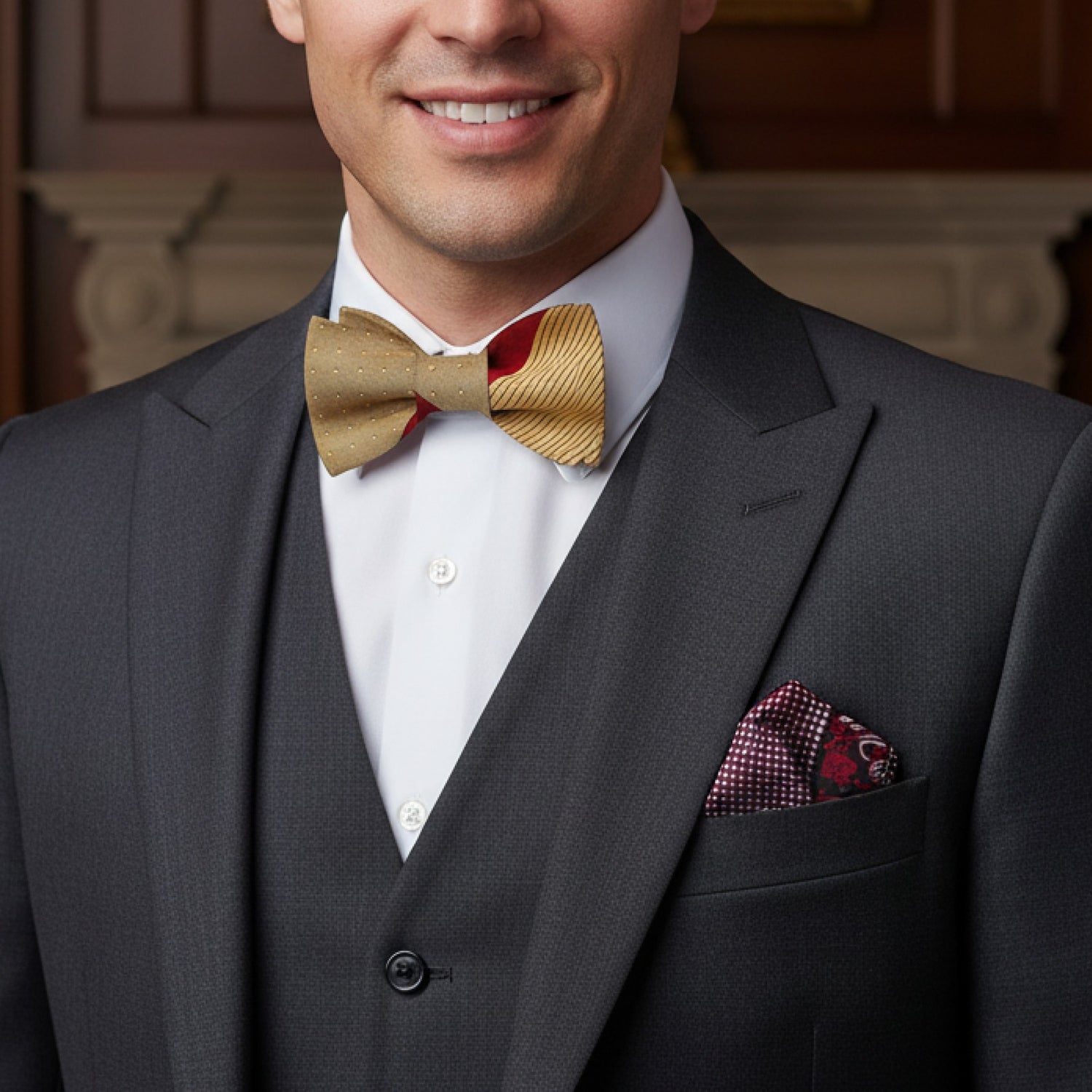 Man wearing a gray suit with a gold bow tie and red pocket square.