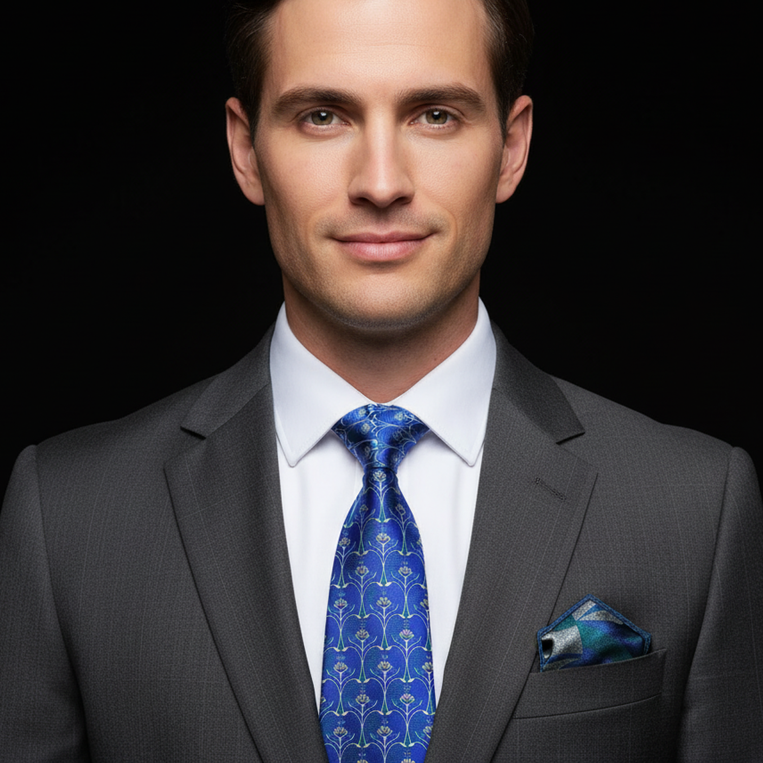 Man wearing a gray suit with a blue tie and pocket square on a black background