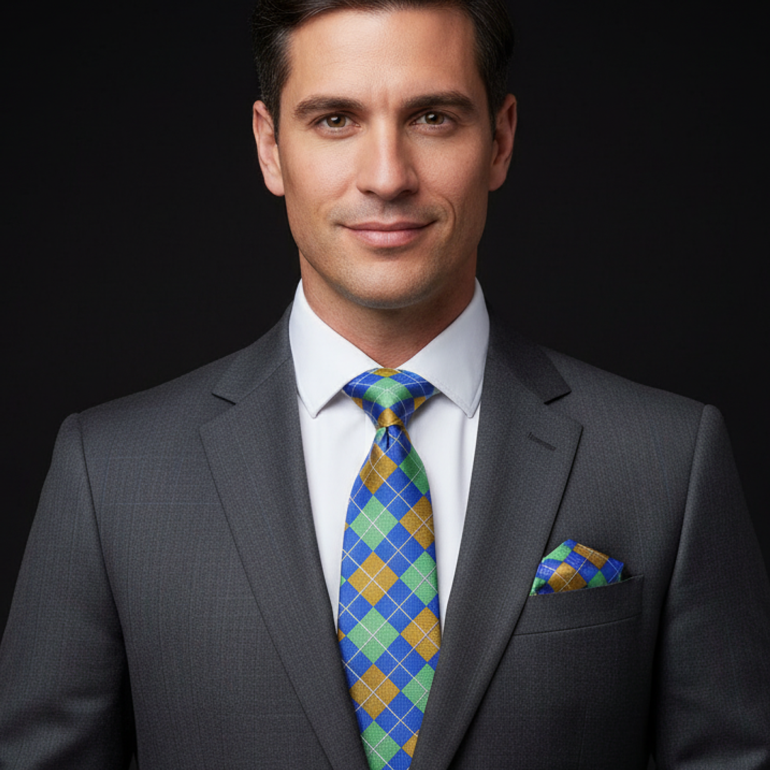 Man wearing a gray suit with a colorful tie and pocket square on a black background