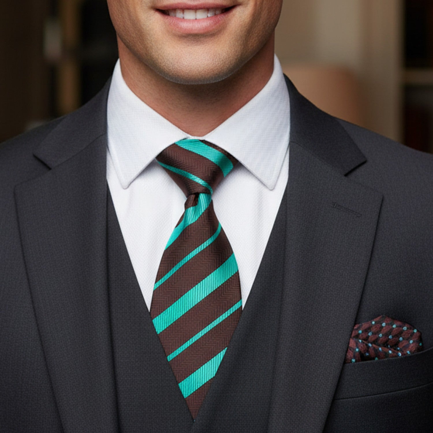 Man wearing a gray suit with a striped tie and pocket square.