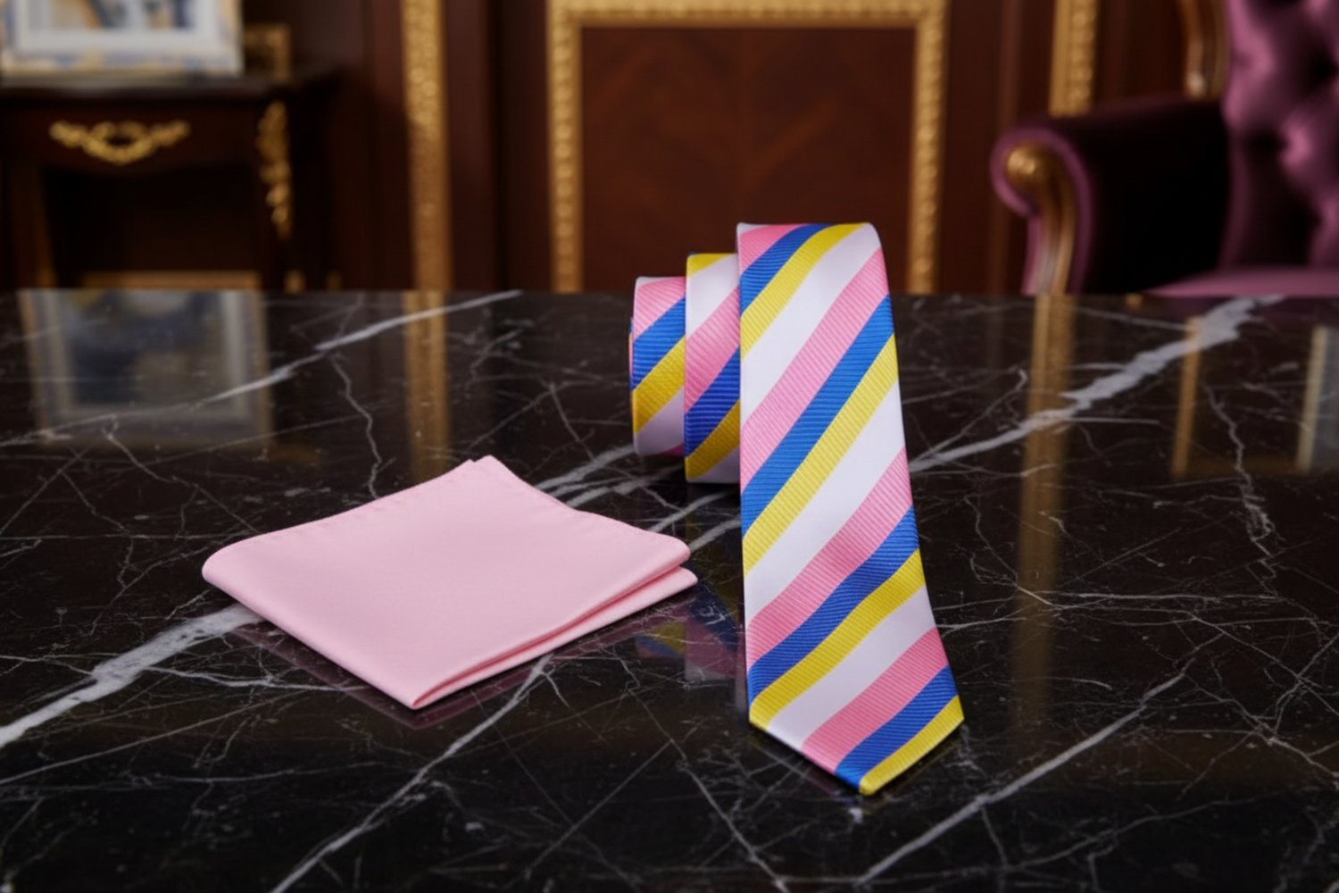 white pink yellow blue stripe thin tie and accenting pink square