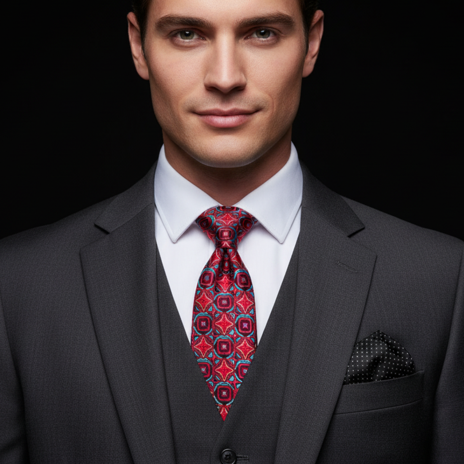 Man wearing a gray suit with a red patterned tie against a black background