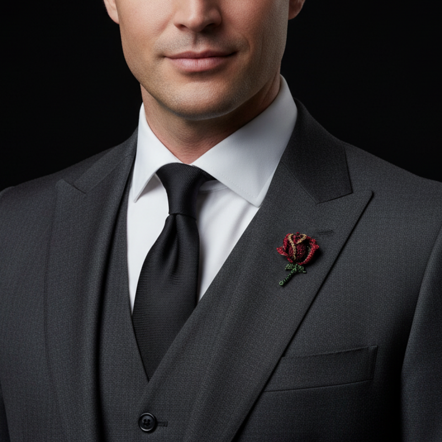 Man wearing a gray suit with a red boutonniere on a black background