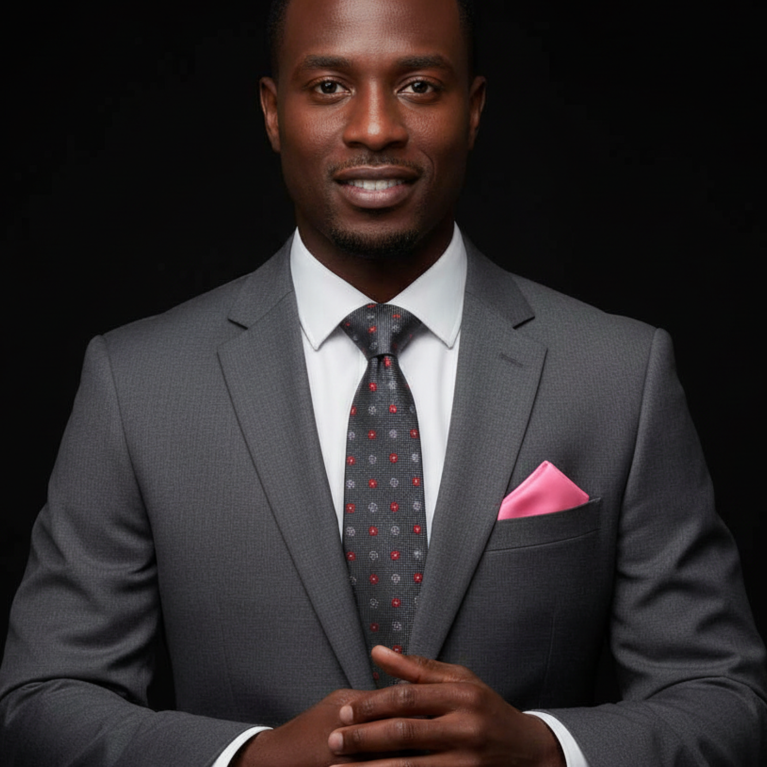 Man wearing grey floral tie and pink square