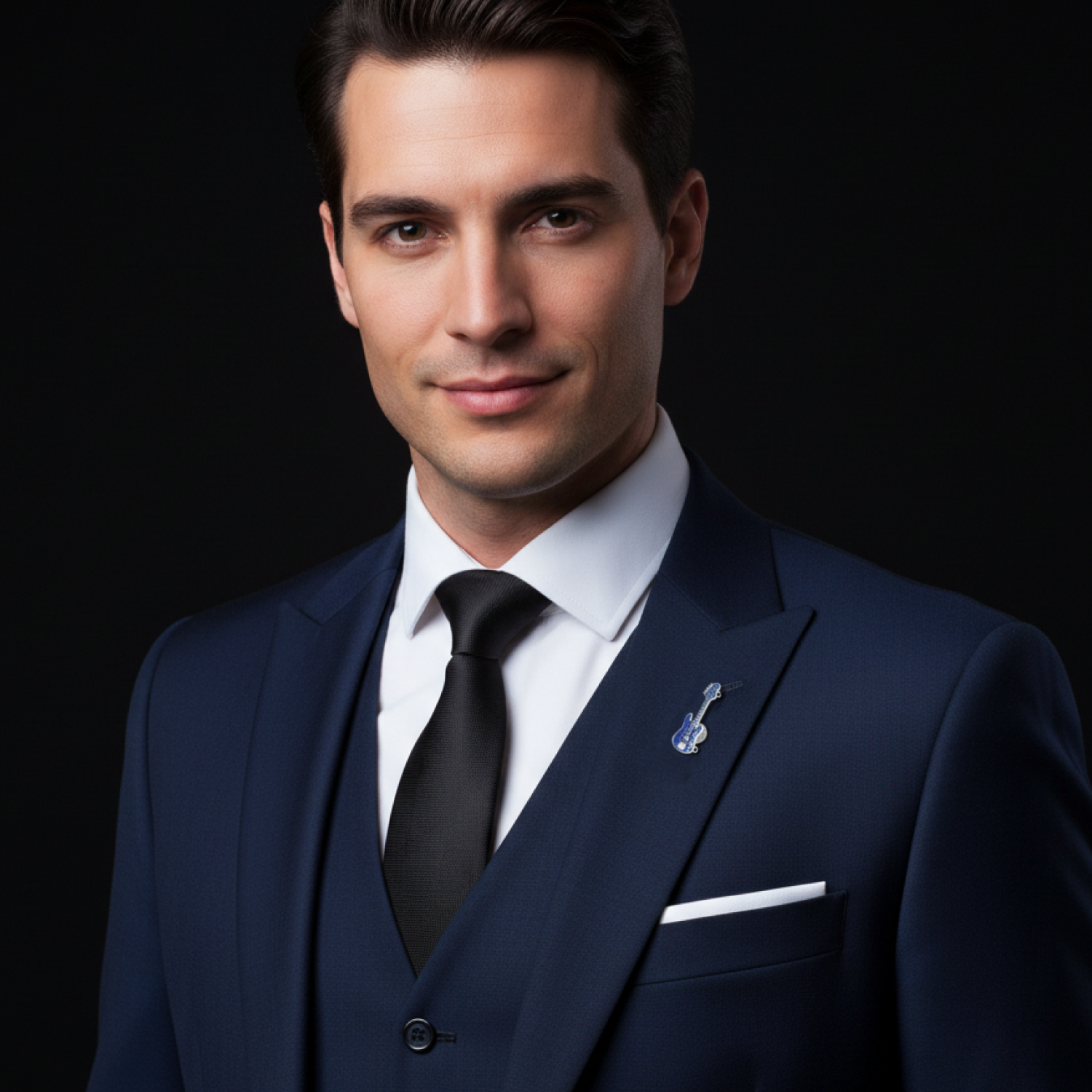 Small Blue Guitar Lapel Pin On man