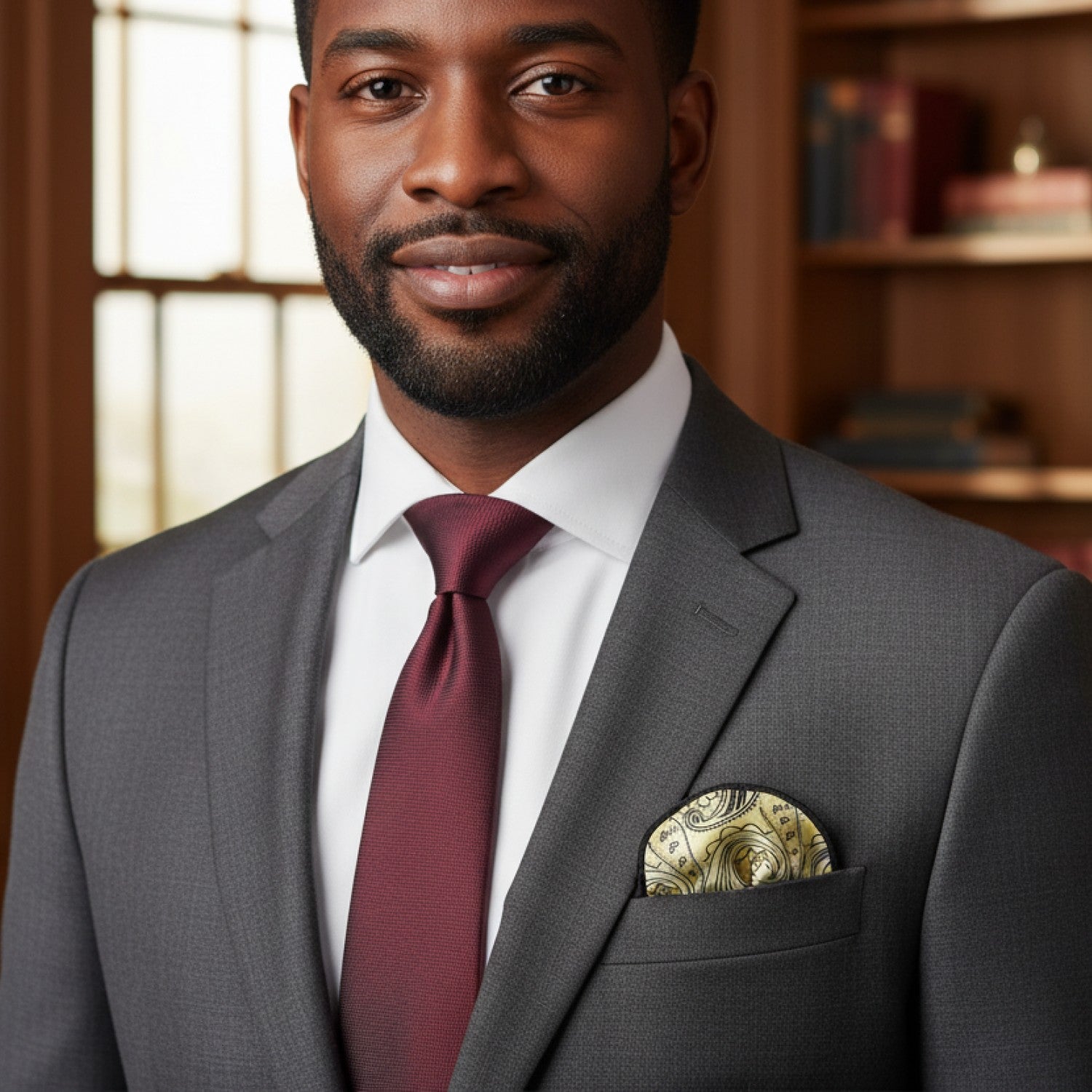 Man wearing a gray suit with a maroon tie and gold pocket square in an indoor setting.