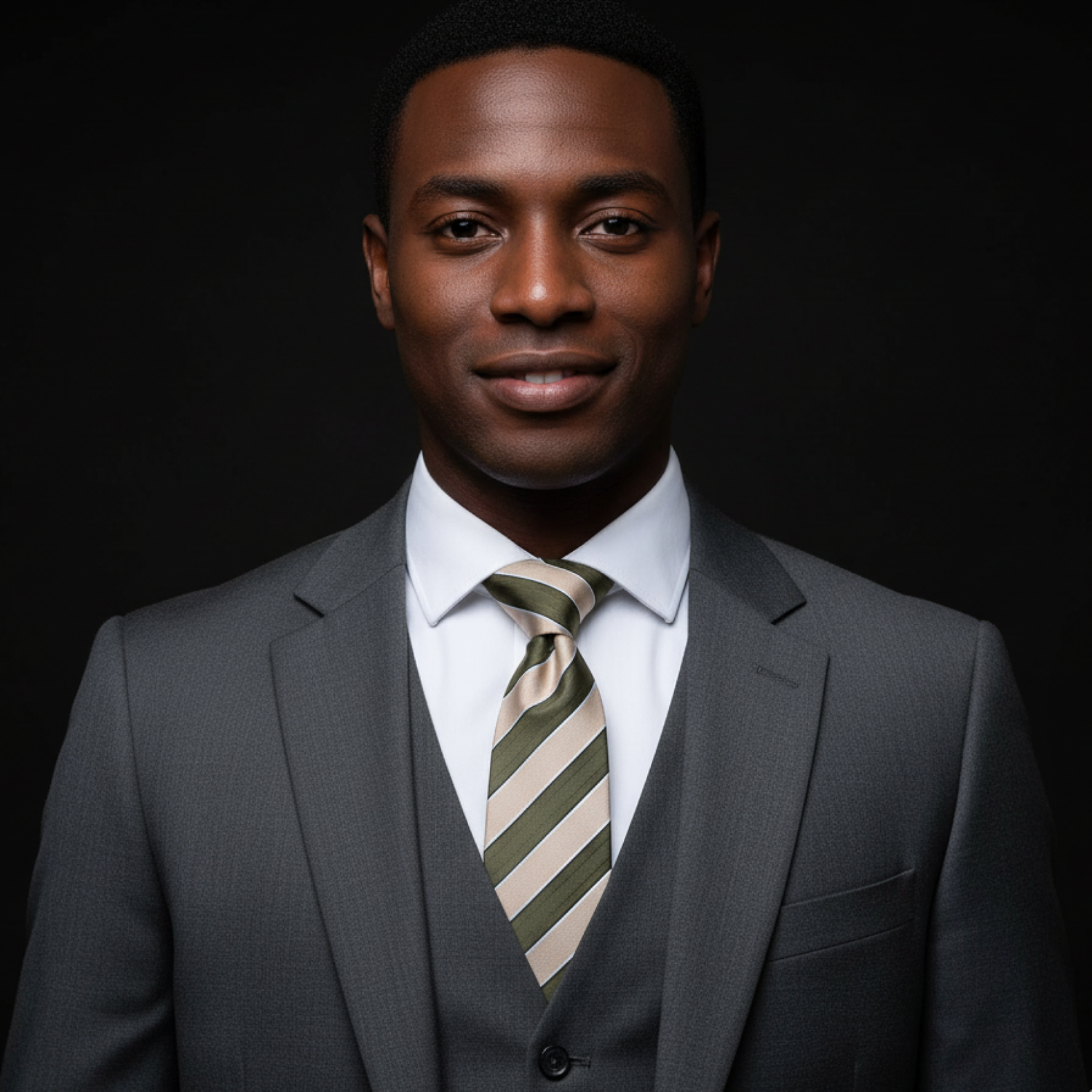 Man wearing a gray suit with a striped tie against a black background