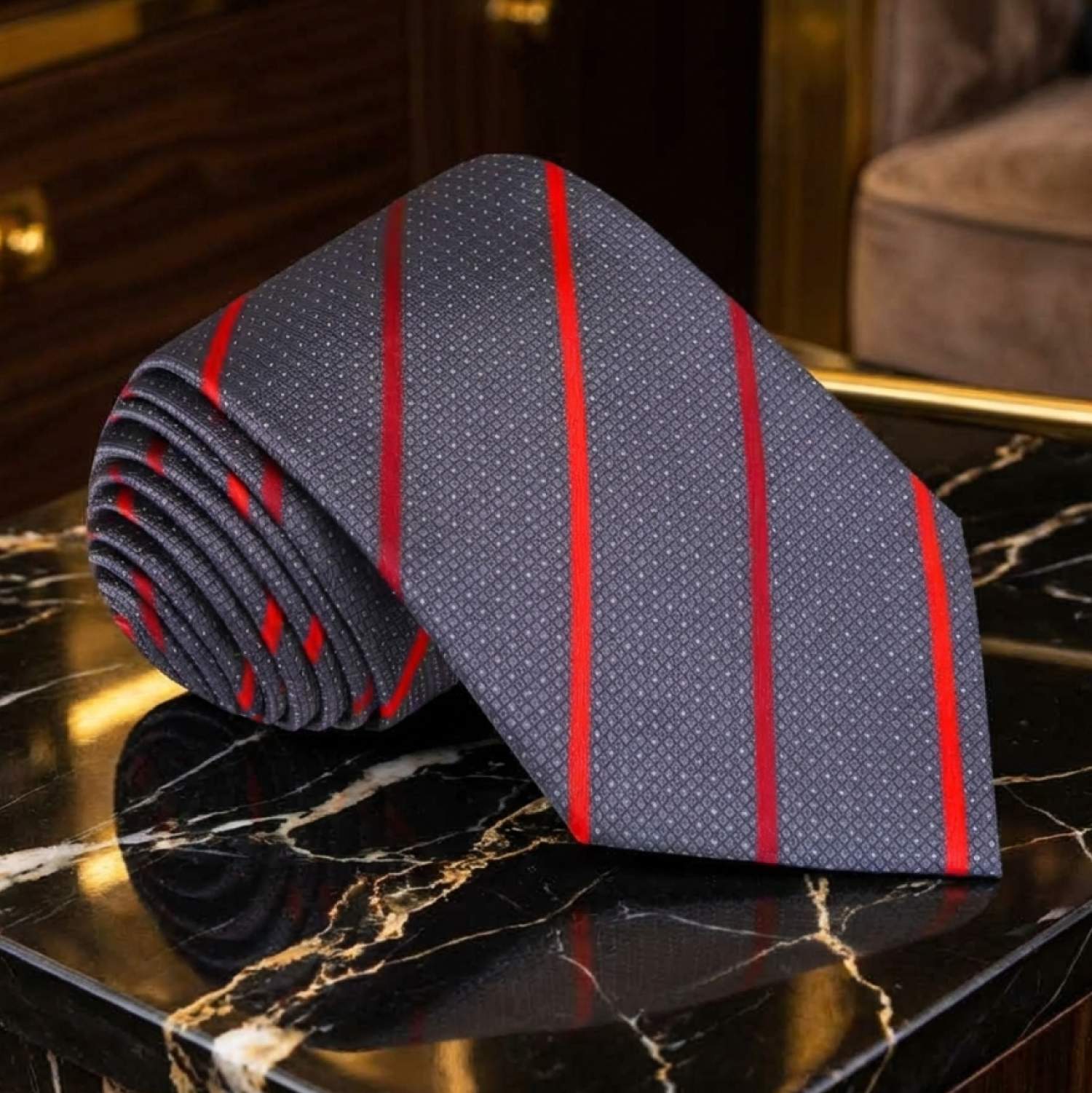 Folded gray tie with red stripes on a marble surface