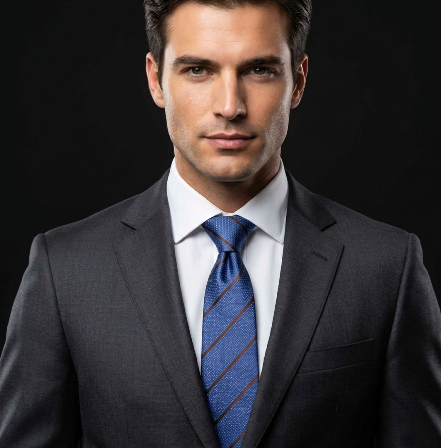 Man wearing a gray suit with a blue striped tie against a black background
