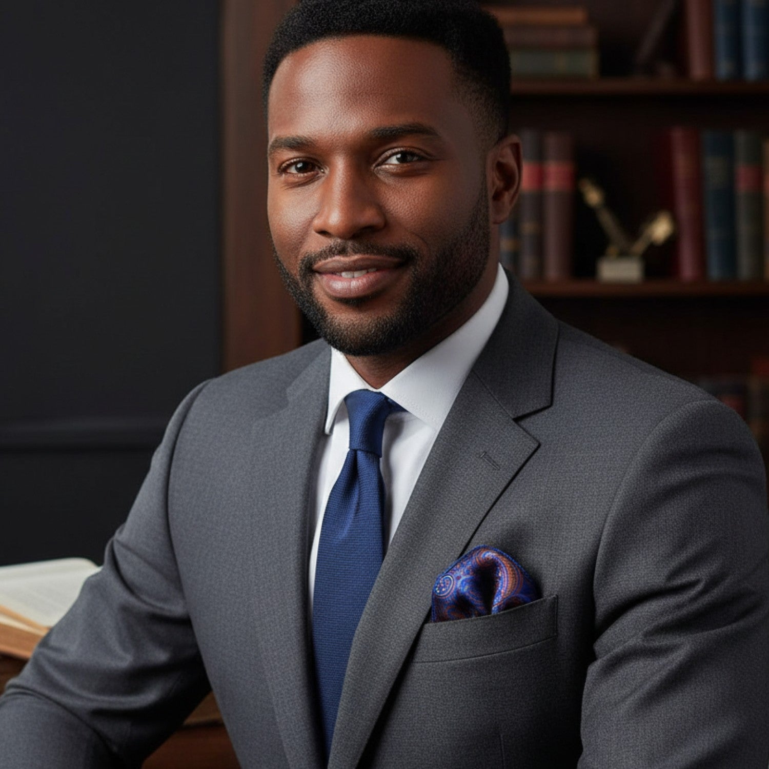 Man in a gray suit with a blue tie and pocket square, sitting in front of a bookshelf.