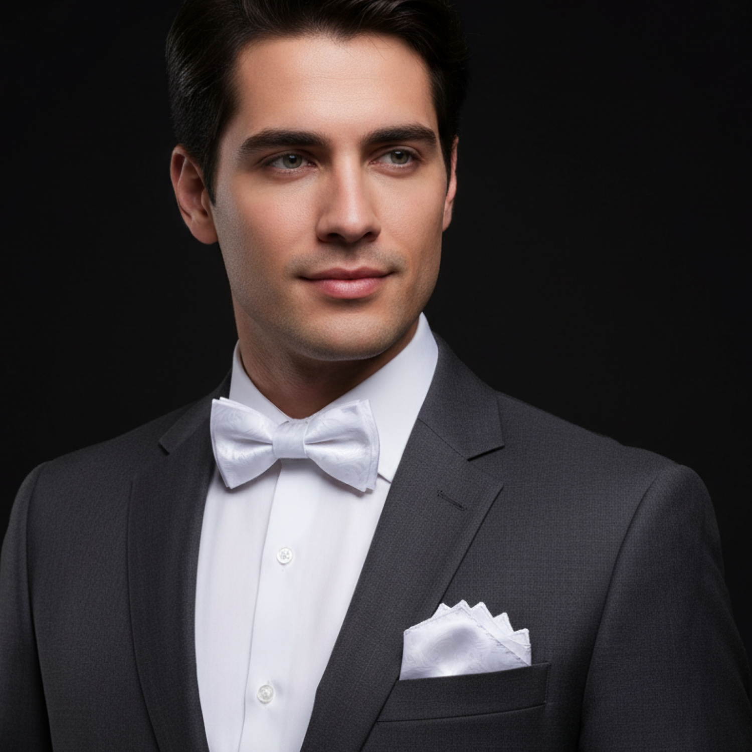 Man wearing a black tuxedo with a white bow tie and pocket square on a dark background