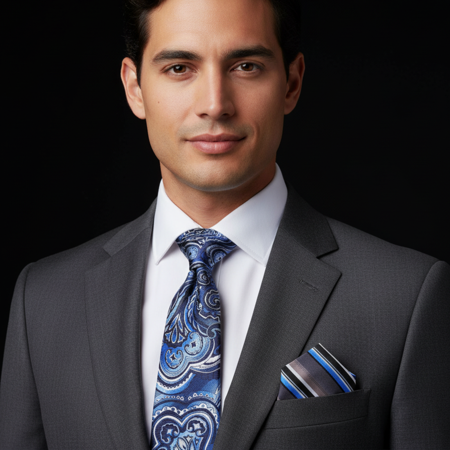Man wearing a gray suit with a blue patterned tie and pocket square on a black background