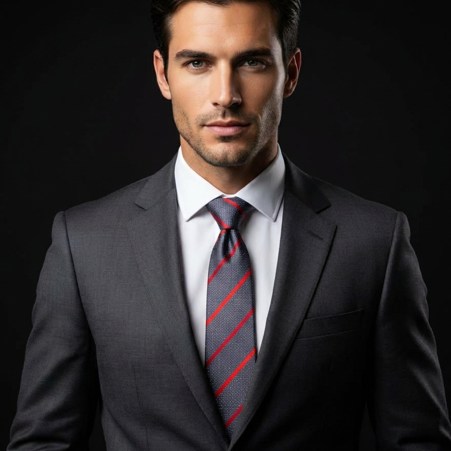 Man wearing a gray suit with a red striped tie against a black background