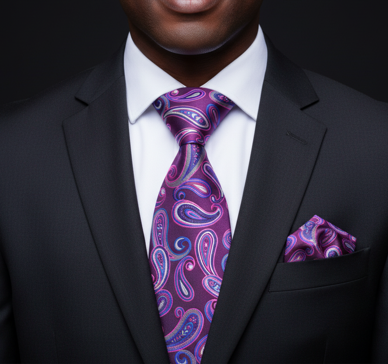Man wearing a black suit with a purple paisley tie and pocket square.