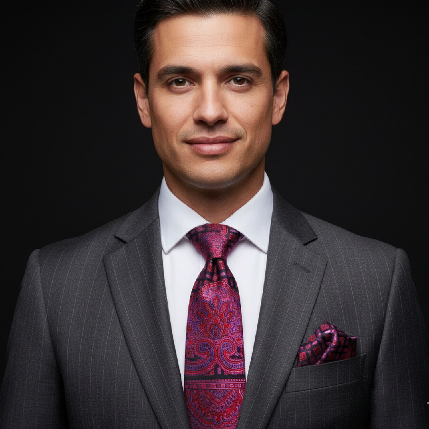Man wearing a gray suit with a red paisley tie and pocket square on a black background