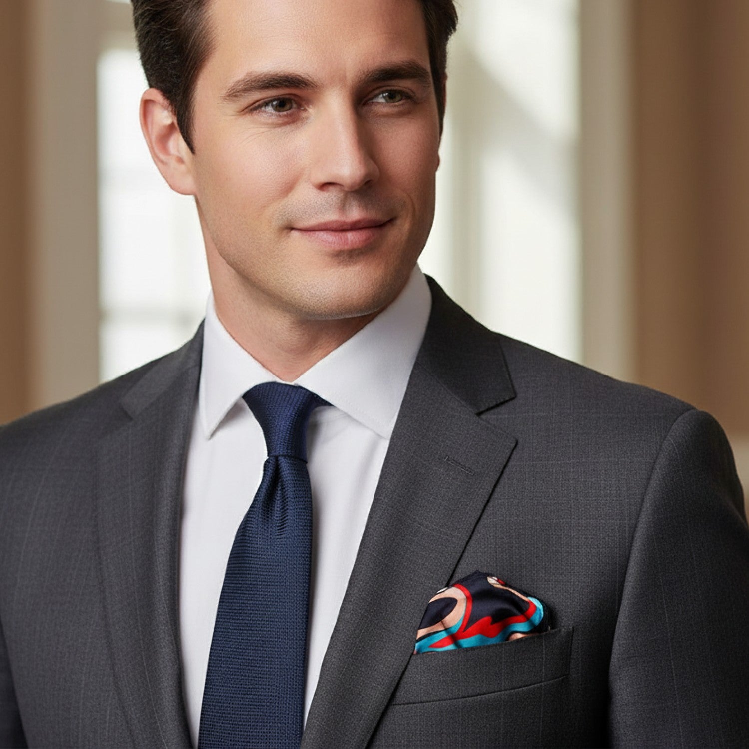 Abstract Pocket Square on Grey Jacket