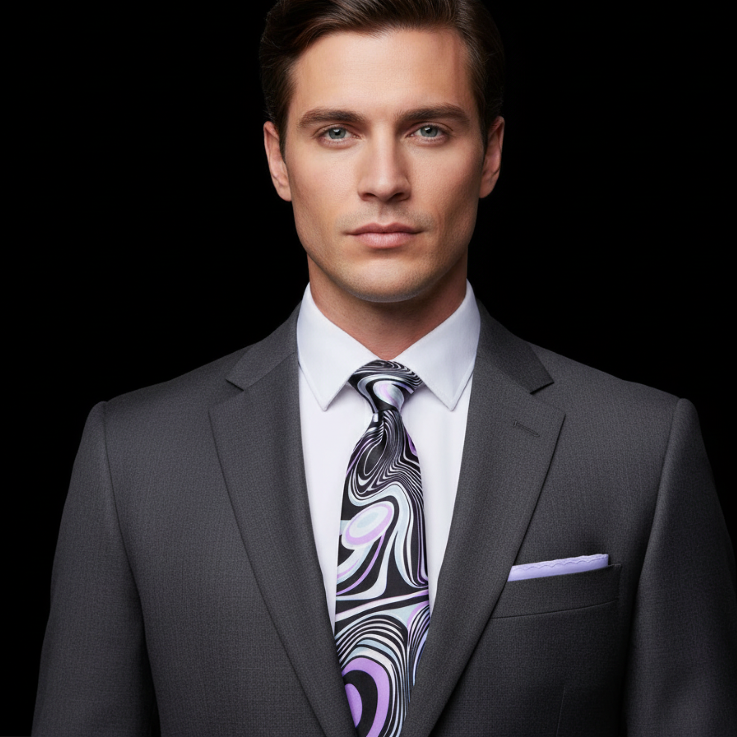 Man wearing a gray suit with a patterned tie on a black background
