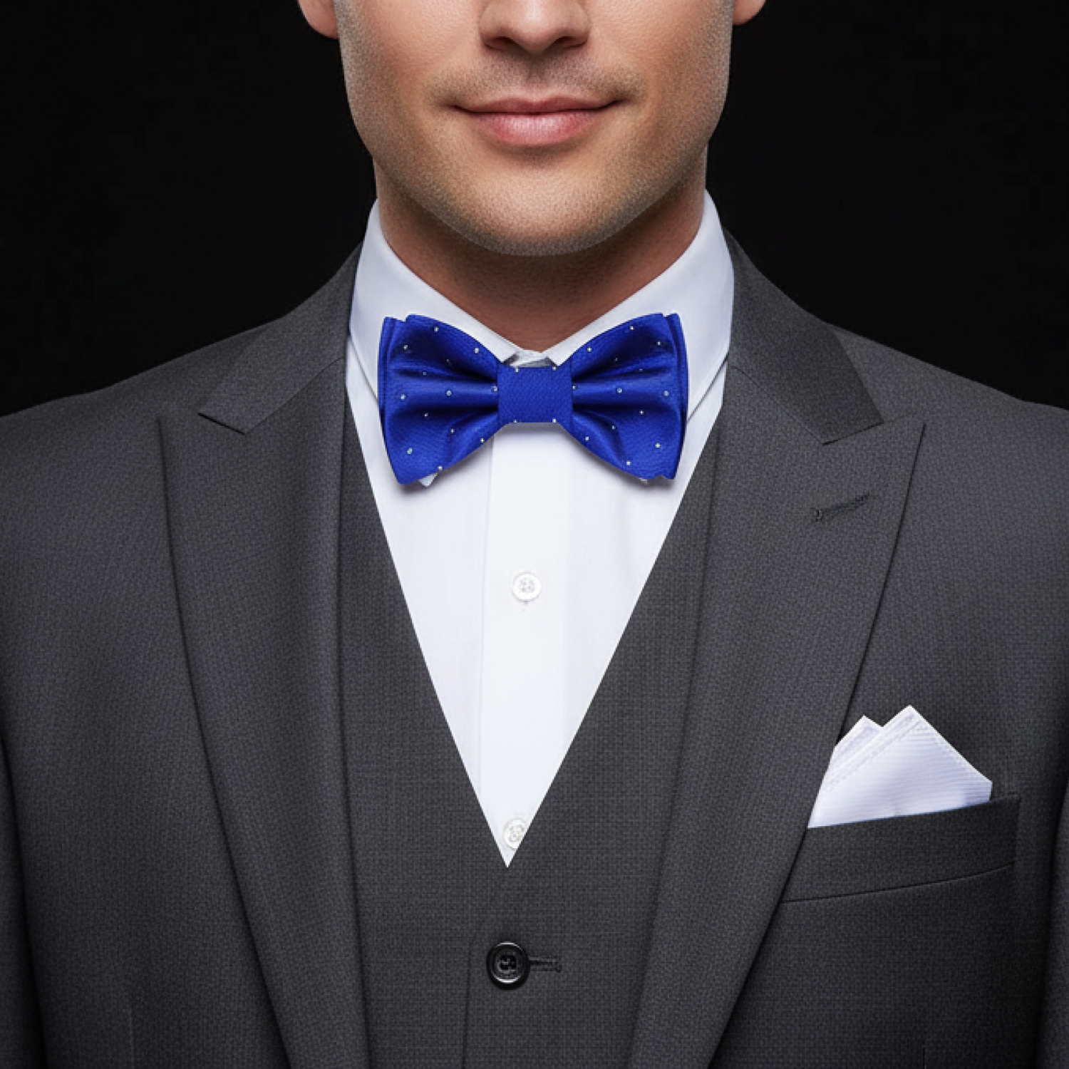 Man wearing a gray suit with a blue floral bow tie and white square on a black background