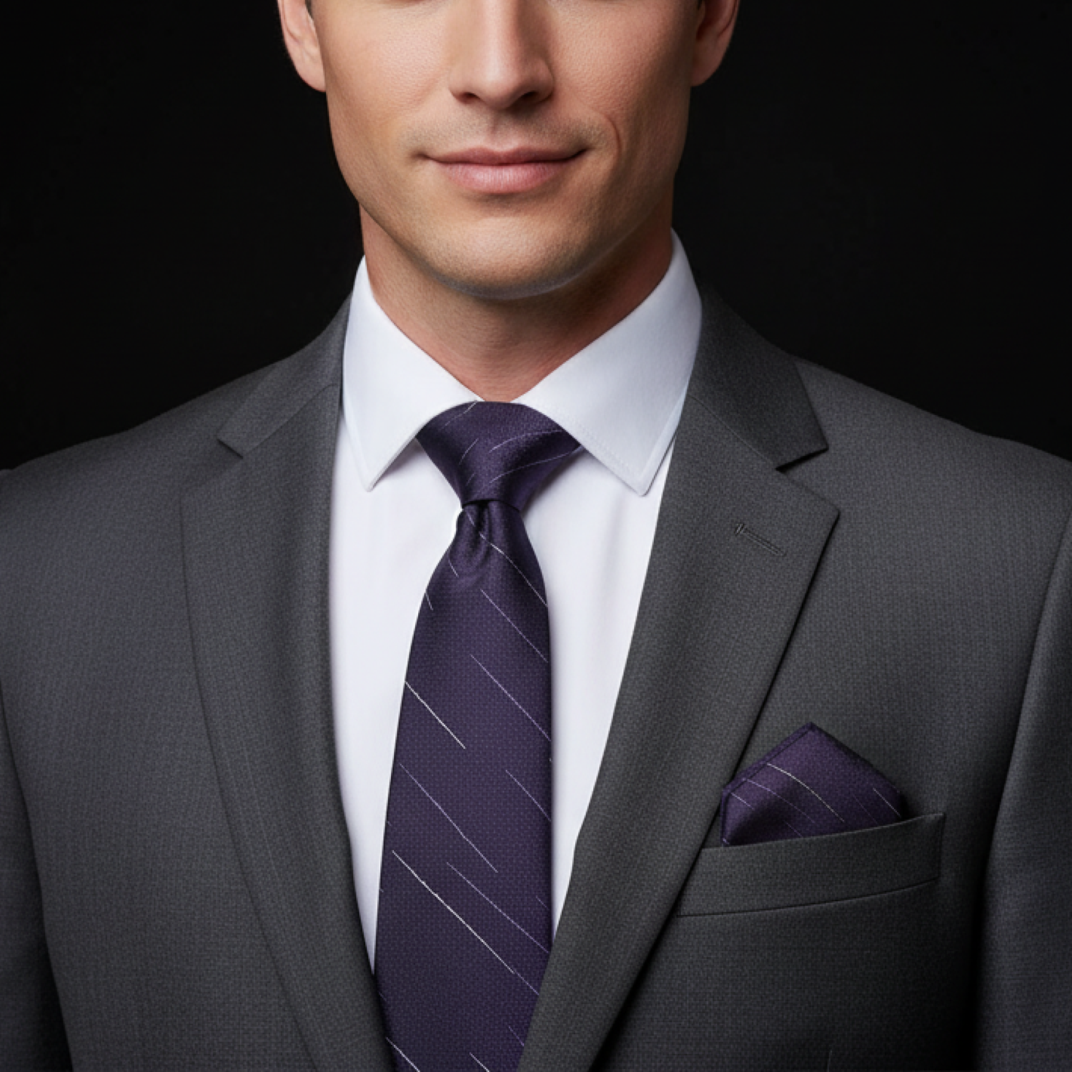 Man wearing a gray suit with a purple tie and pocket square on a black background