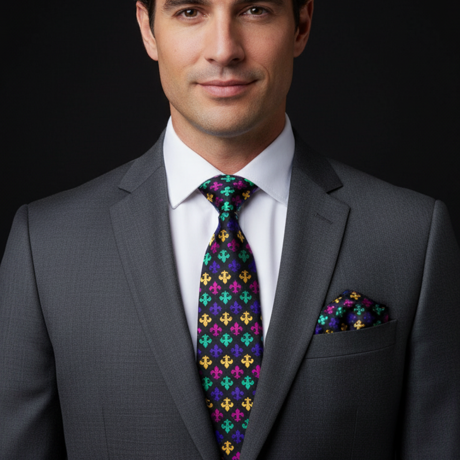 Man wearing a gray suit with a colorful tie and pocket square on a black background