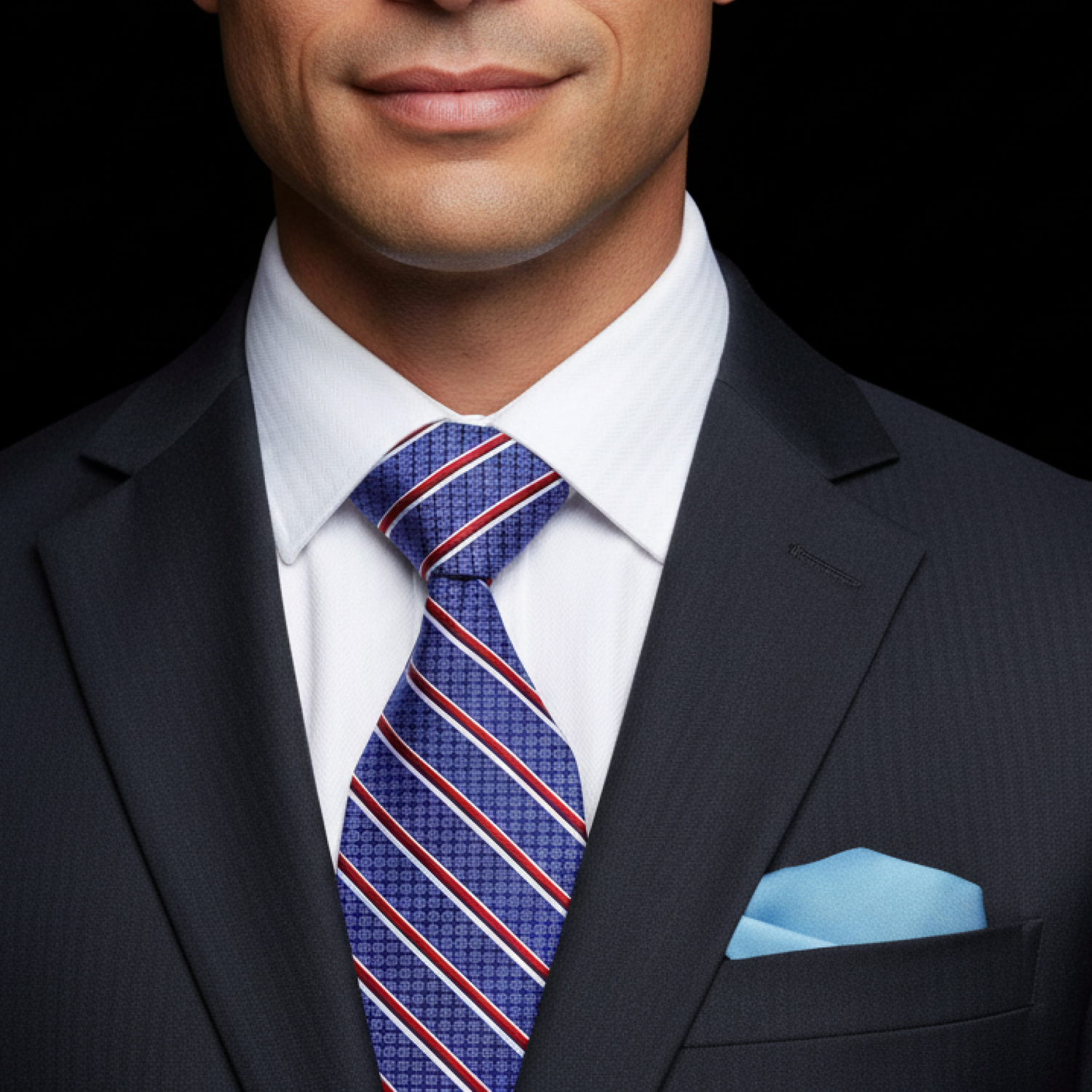 Man wearing a dark suit with a blue and red striped tie and light blue pocket square.
